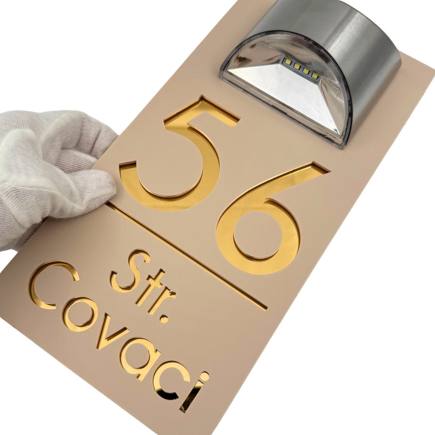 PREMIUM HOUSE NUMBER - Cream colour Satin Gold Mirror Lampa Solara - 30×15 cm