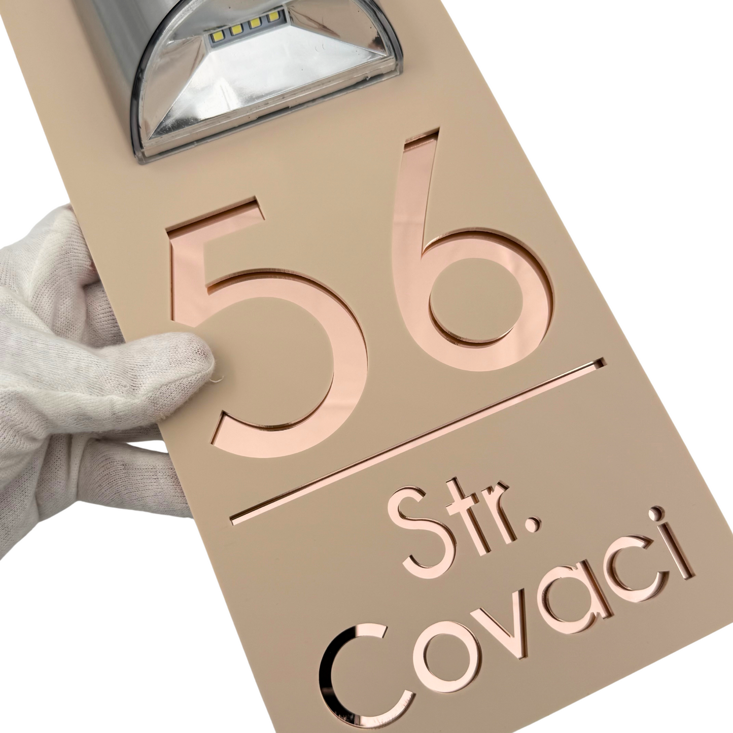 PREMIUM HOUSE NUMBER - Cream colour Satin Rose Gold Mirror Lampa Solara - 30×15 cm