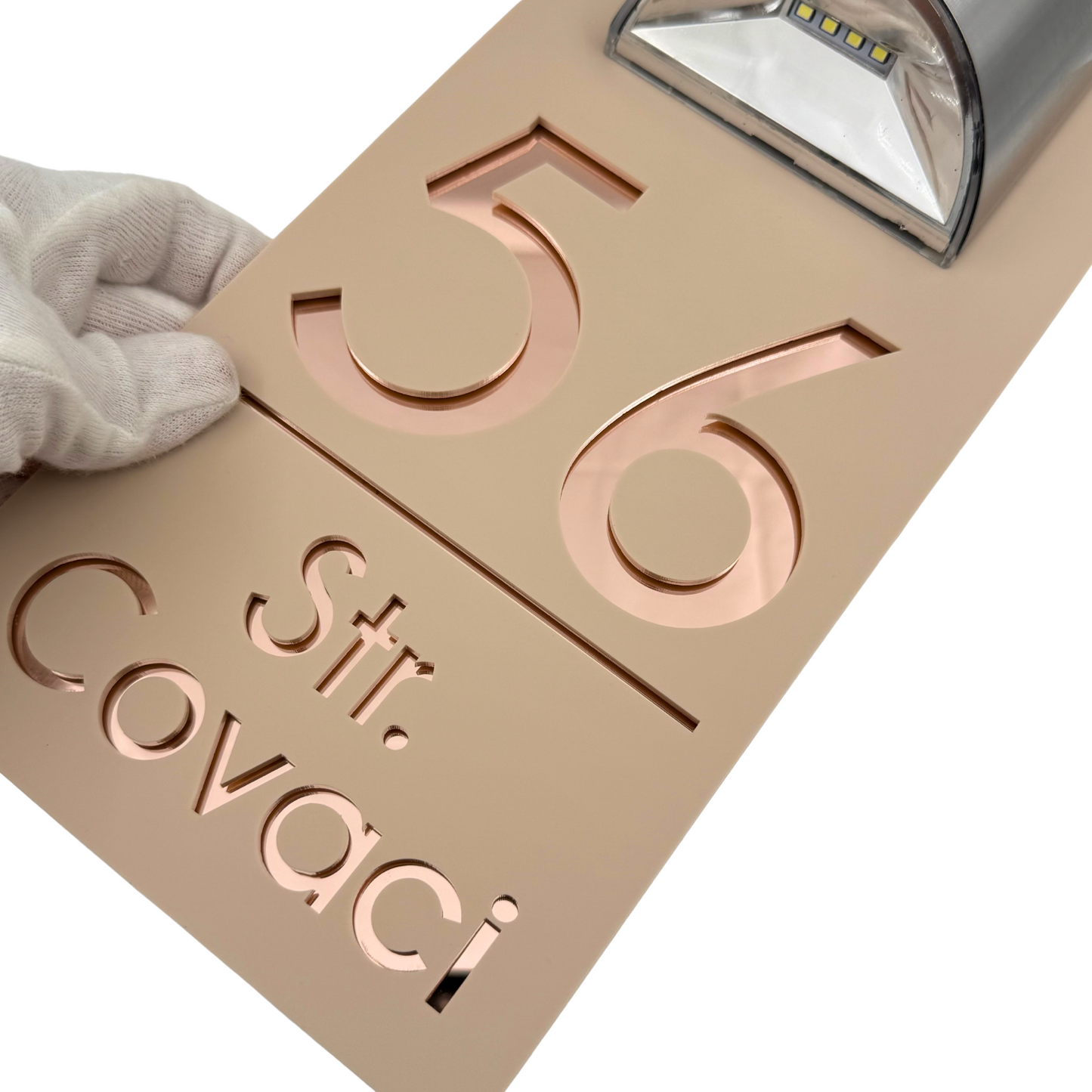 PREMIUM HOUSE NUMBER - Cream colour Satin Rose Gold Mirror Lampa Solara - 30×15 cm
