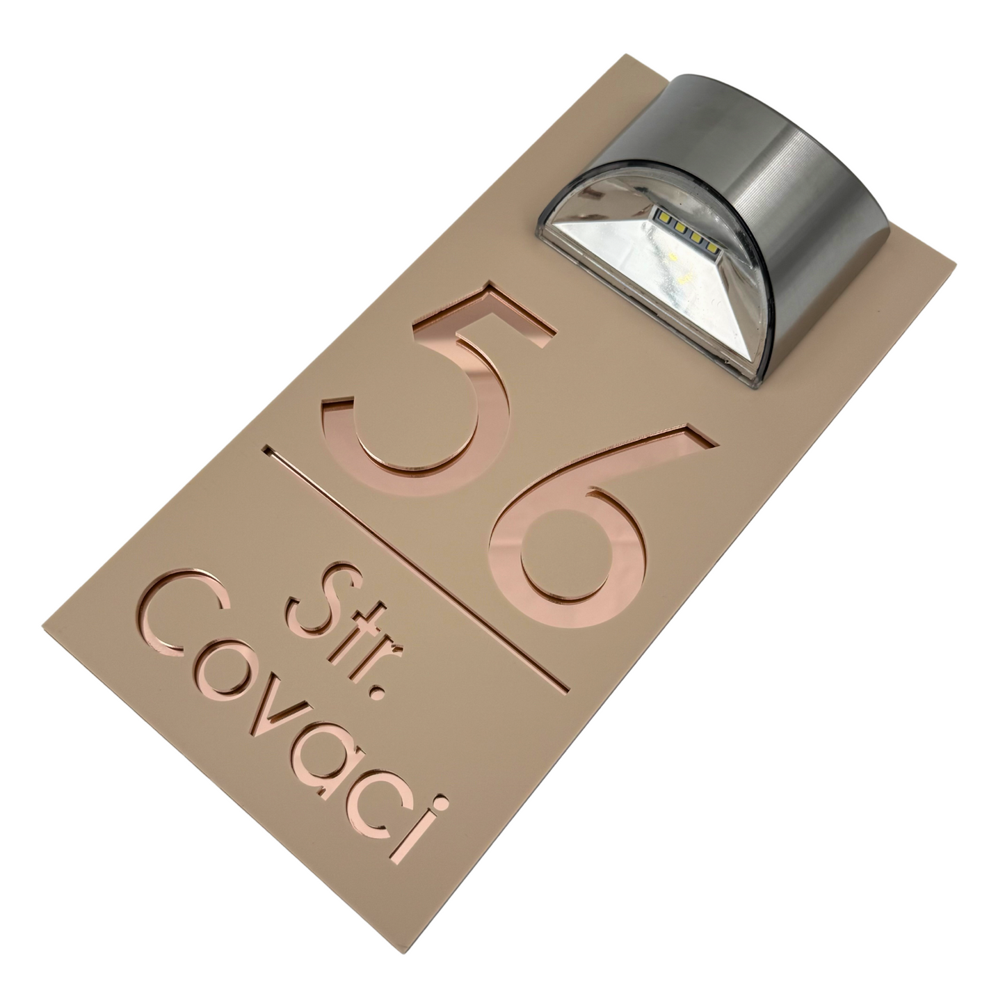 PREMIUM HOUSE NUMBER - Cream colour Satin Rose Gold Mirror Lampa Solara - 30×15 cm