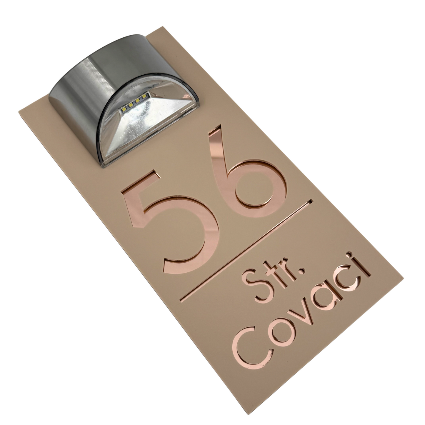 PREMIUM HOUSE NUMBER - Cream colour Satin Rose Gold Mirror Lampa Solara - 30×15 cm