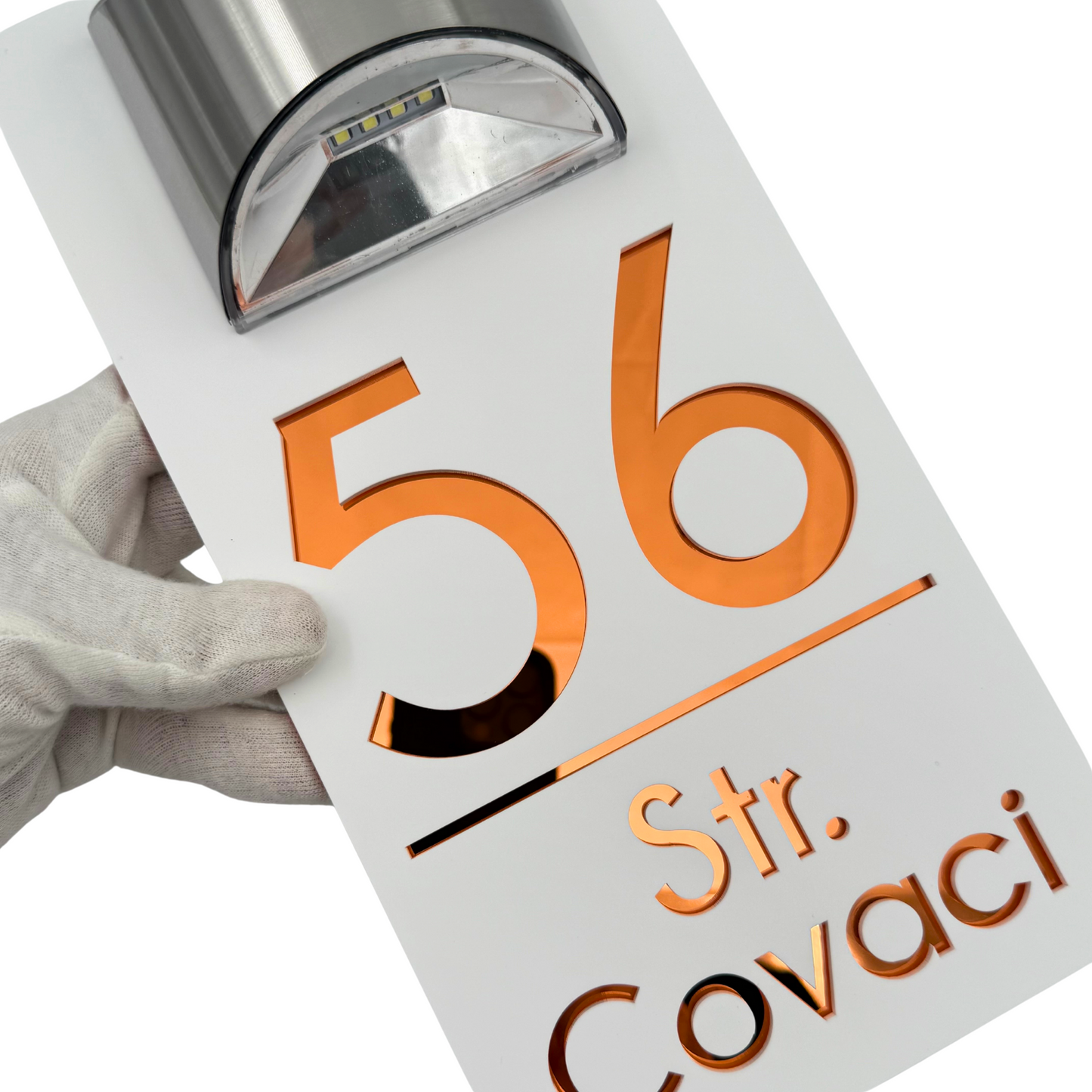 PREMIUM HOUSE NUMBER - White Satin Copper Mirror Lampa Solara - 30×15 cm