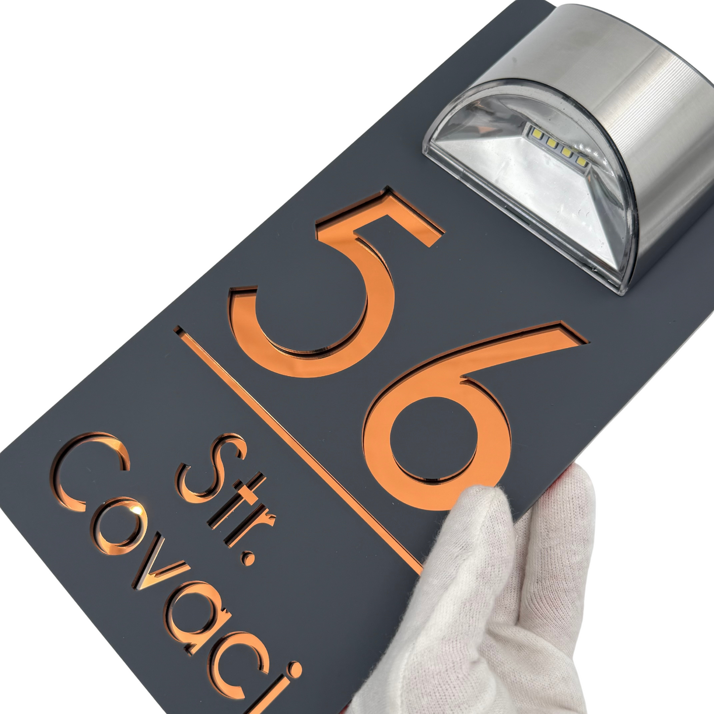 PREMIUM HOUSE NUMBER - Satin Grey Copper Mirror Lampa Solara - 30×15 cm