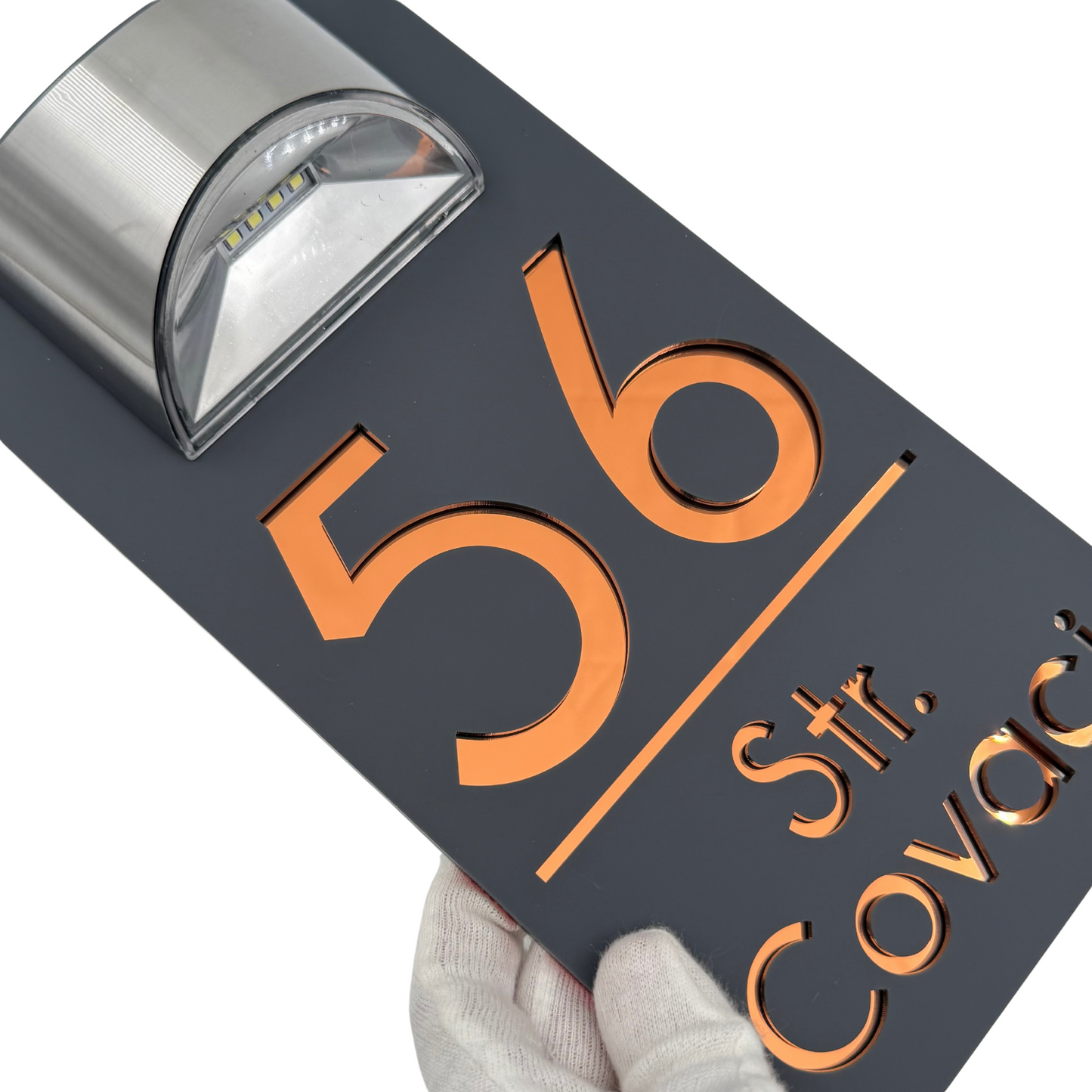 PREMIUM HOUSE NUMBER - Satin Grey Copper Mirror Lampa Solara - 30×15 cm