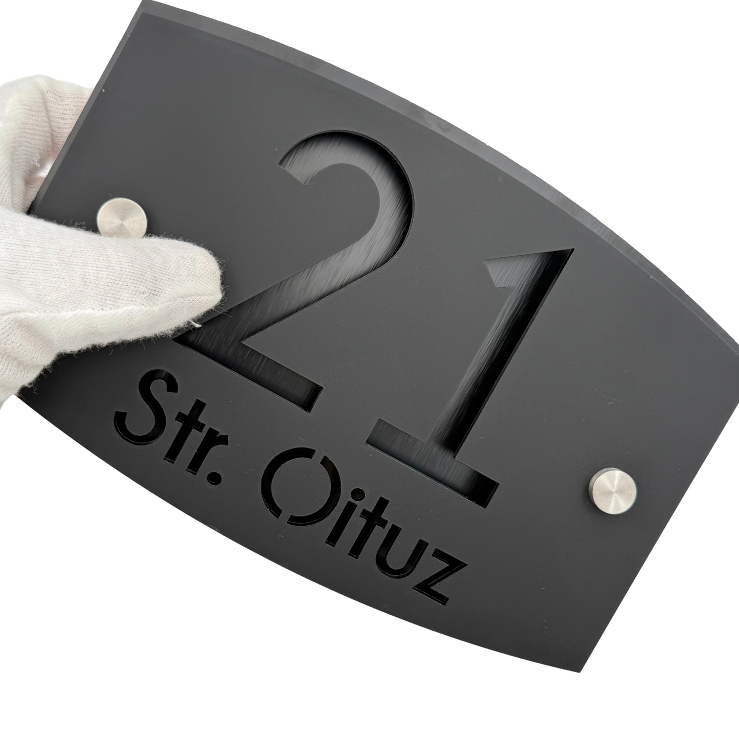 PREMIUM HOUSE NUMBER - Satin Black Aluminium Black Pearly 2 Spacers Silver - 20×13 cm