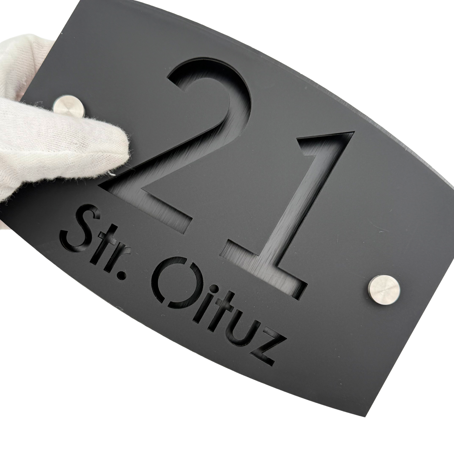 PREMIUM HOUSE NUMBER - Satin Black Aluminium Black Pearly 2 Spacers Silver - 20×13 cm