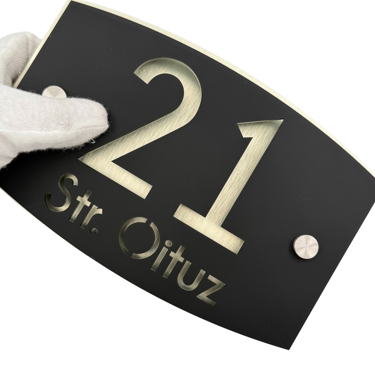PREMIUM HOUSE NUMBER - Satin Black Aluminium Gold Pearly 2 Spacers Silver - 20×13 cm