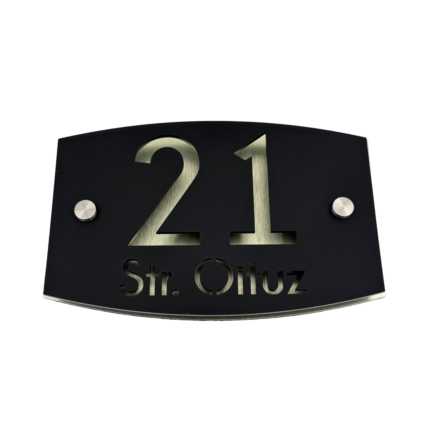 PREMIUM HOUSE NUMBER - Satin Black Aluminium Gold Pearly 2 Spacers Silver - 20×13 cm