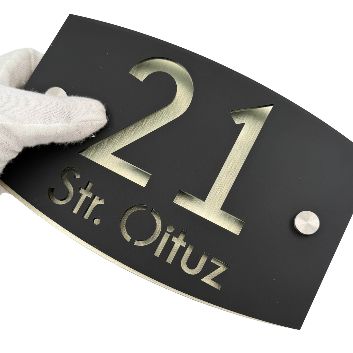 PREMIUM HOUSE NUMBER - Satin Black Aluminium Gold Pearly 2 Spacers Silver - 20×13 cm
