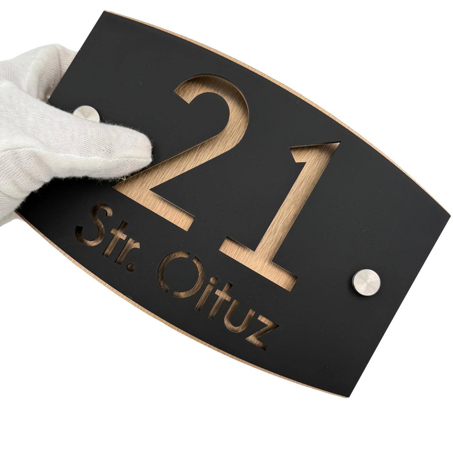 PREMIUM HOUSE NUMBER - Satin Black Aluminium Bronze Pearly 2 Spacers Silver - 20×13 cm