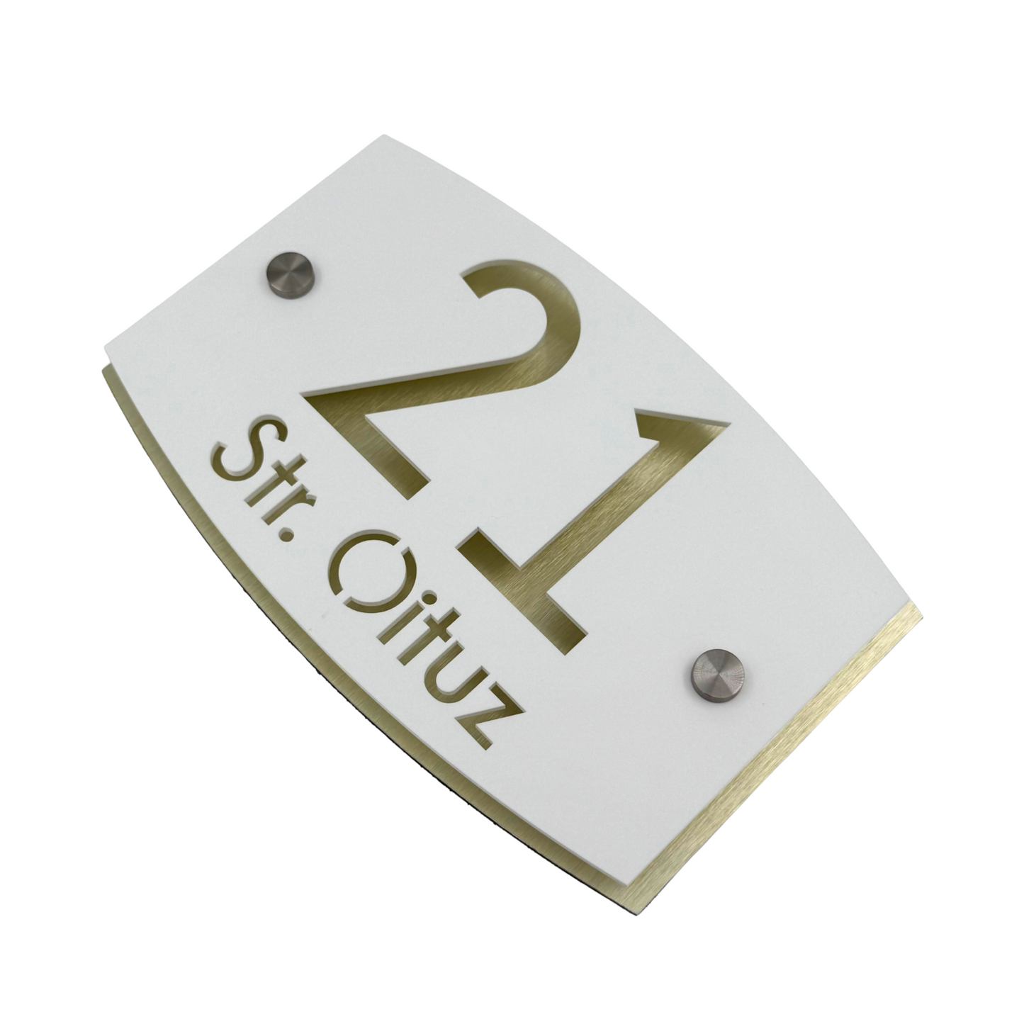 PREMIUM HOUSE NUMBER - White Satin Aluminium Gold Mirror 2 Spacers Silver - 20×13 cm