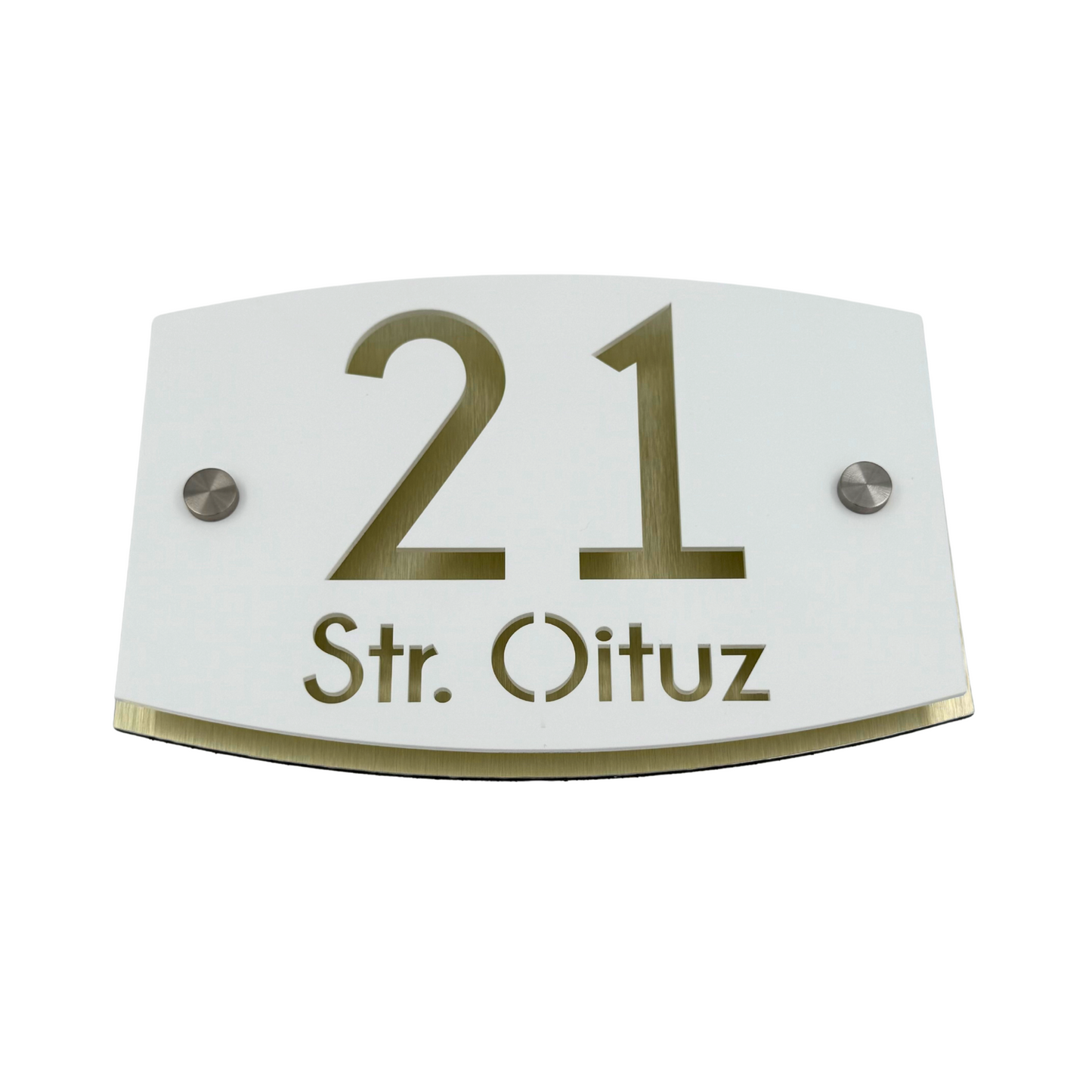 PREMIUM HOUSE NUMBER - White Satin Aluminium Gold Mirror 2 Spacers Silver - 20×13 cm