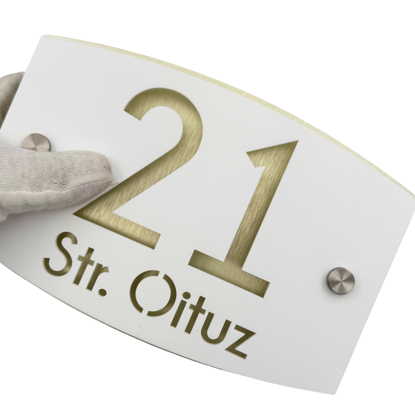 PREMIUM HOUSE NUMBER - White Satin Aluminium Gold Mirror 2 Spacers Silver - 20×13 cm