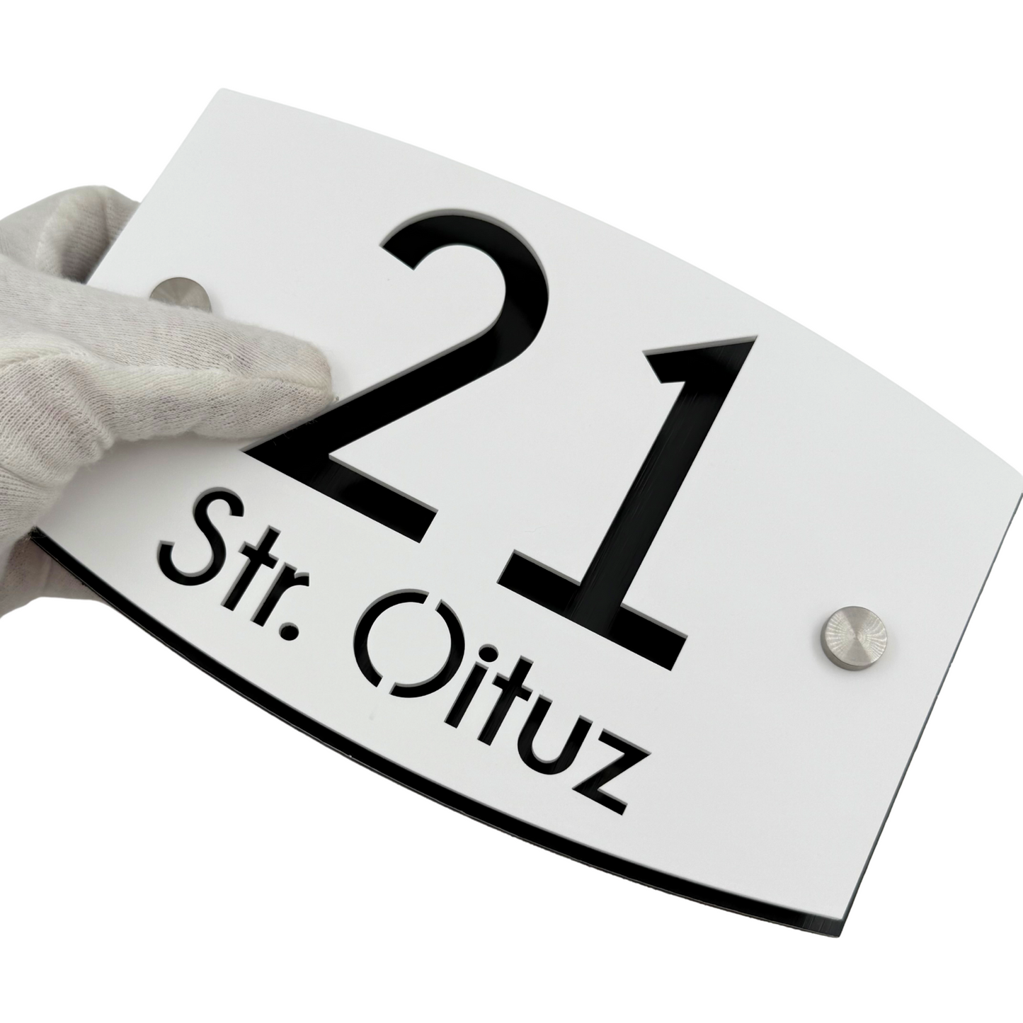 PREMIUM HOUSE NUMBER - White Satin Aluminium Black Pearly 2 Spacers Silver - 20×13 cm