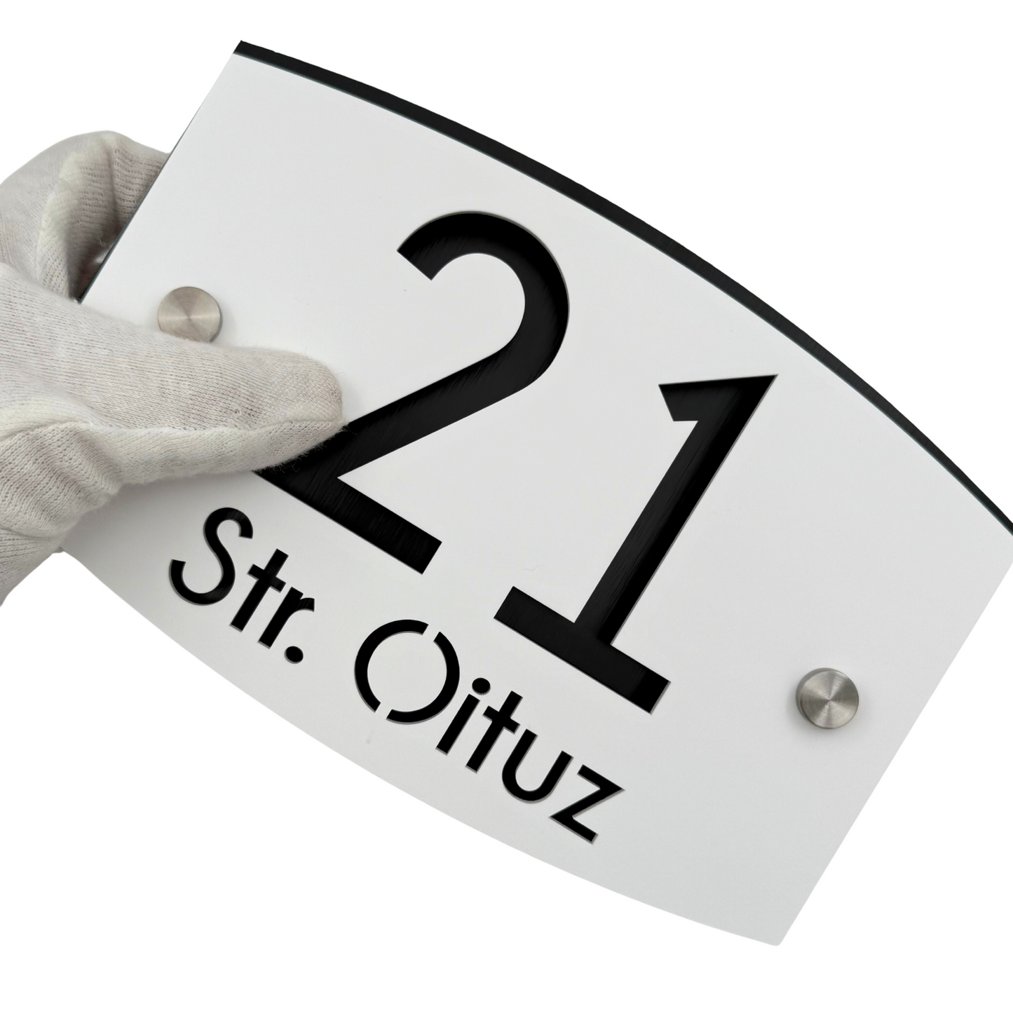 PREMIUM HOUSE NUMBER - White Satin Aluminium Black Pearly 2 Spacers Silver - 20×13 cm