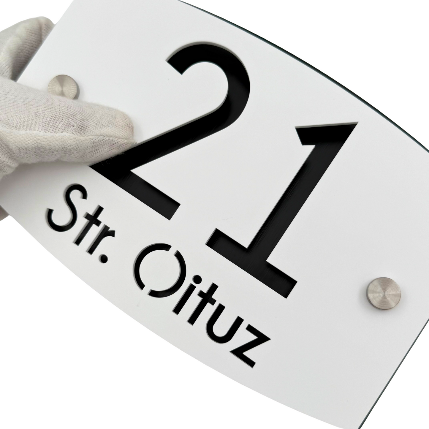 PREMIUM HOUSE NUMBER - White Satin Aluminium Black Pearly 2 Spacers Silver - 20×13 cm