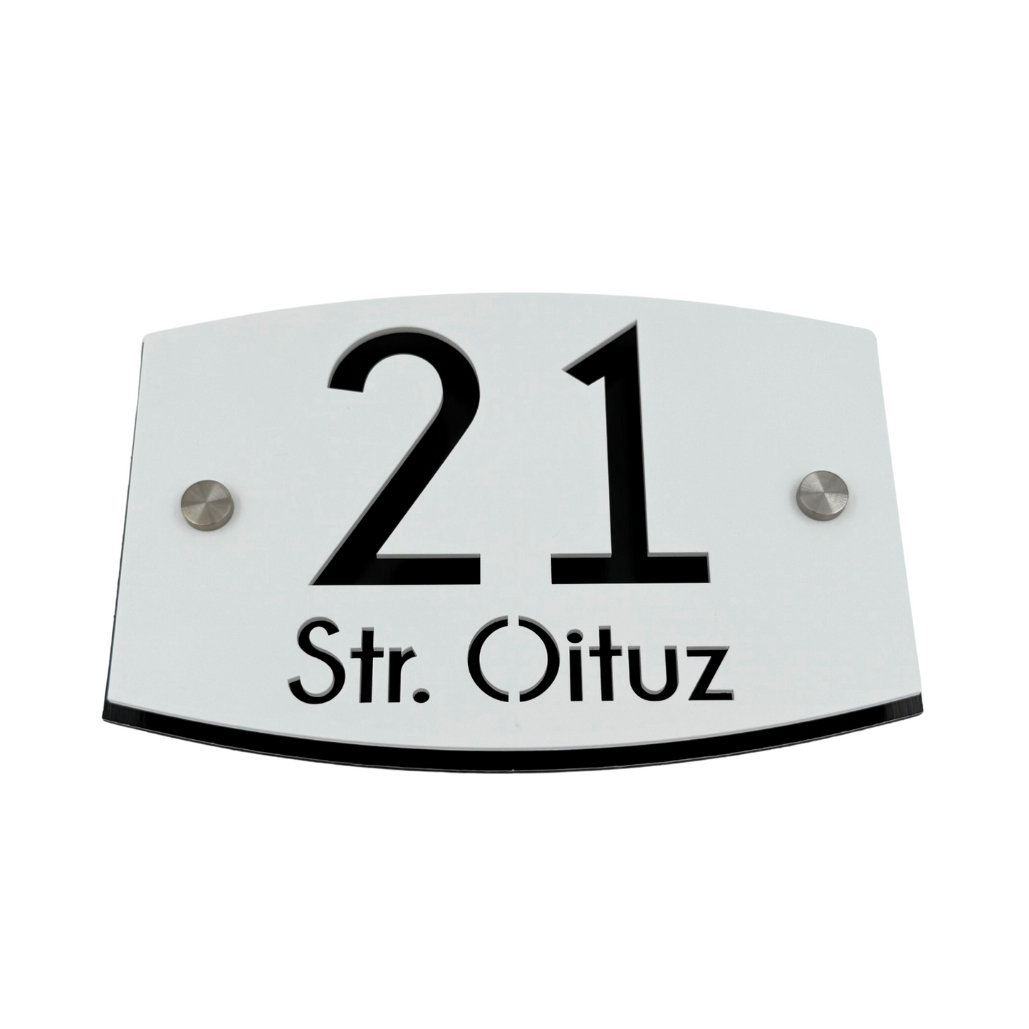 PREMIUM HOUSE NUMBER - White Satin Aluminium Black Pearly 2 Spacers Silver - 20×13 cm