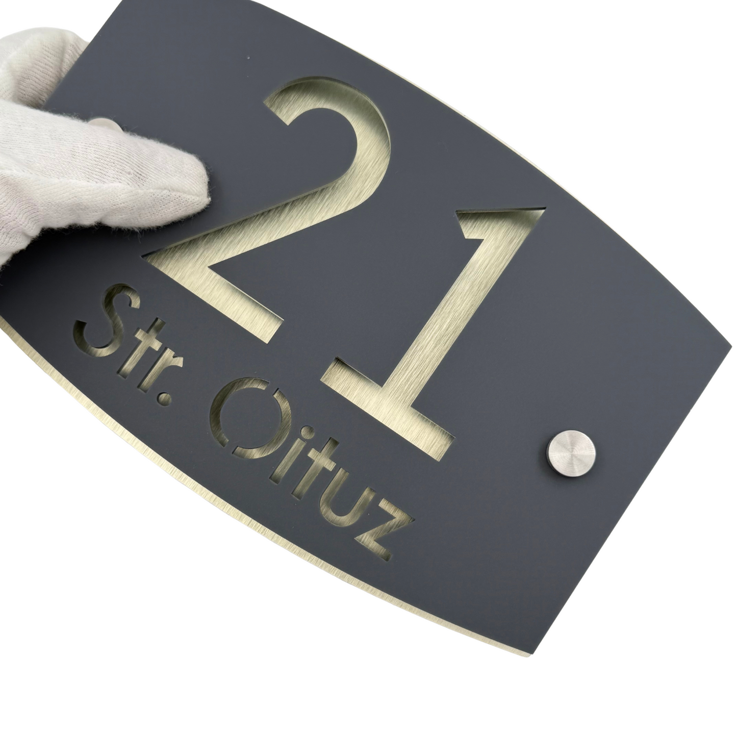 PREMIUM HOUSE NUMBER - Satin Grey Aluminium Gold Pearly 2 Spacers Silver - 20×13 cm