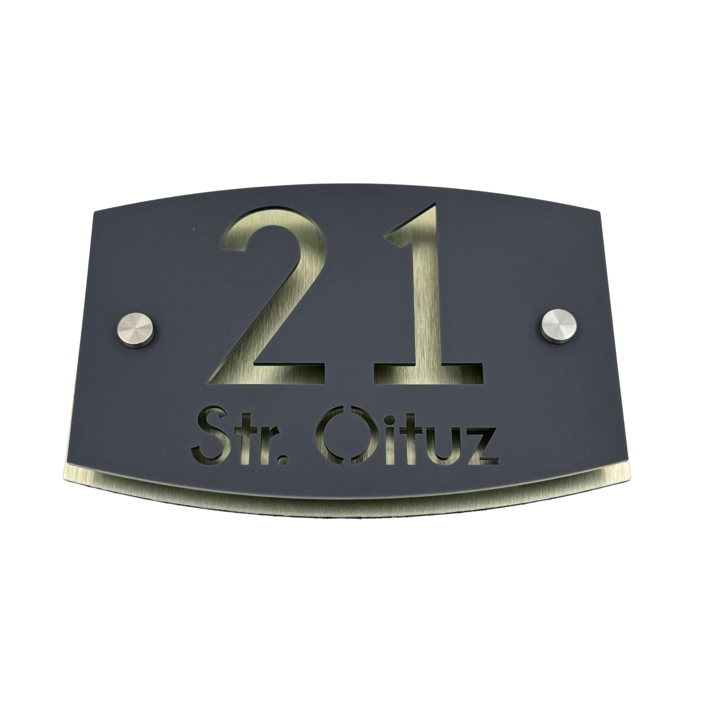 PREMIUM HOUSE NUMBER - Satin Grey Aluminium Gold Pearly 2 Spacers Silver - 20×13 cm