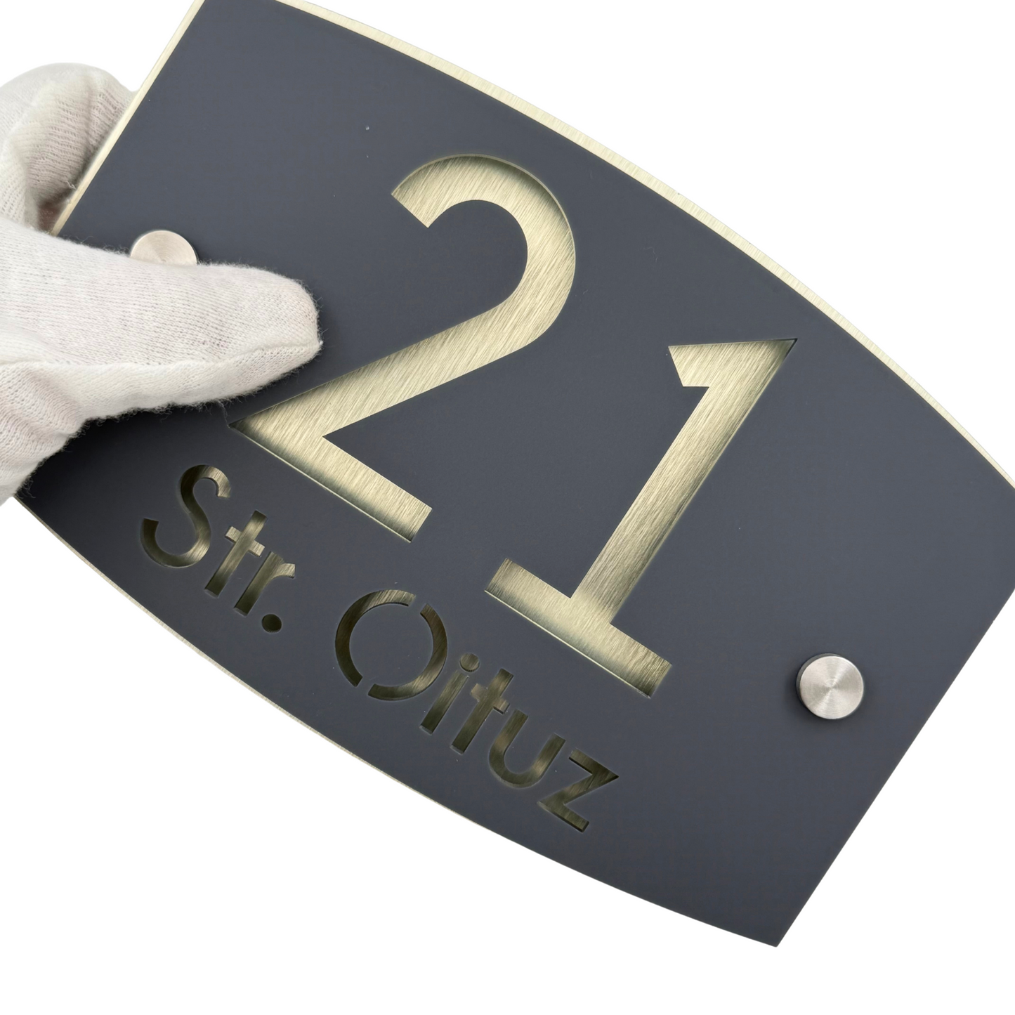 PREMIUM HOUSE NUMBER - Satin Grey Aluminium Gold Pearly 2 Spacers Silver - 20×13 cm