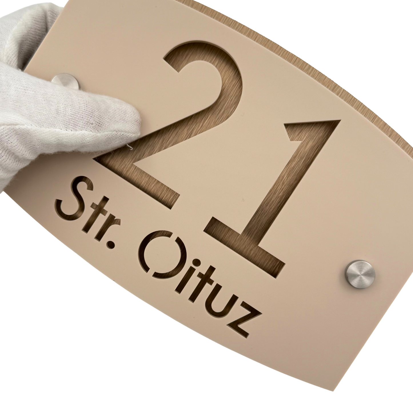 PREMIUM HOUSE NUMBER - Cream colour Satin Aluminium Bronze Pearly 2 Spacers Silver - 20×13 cm