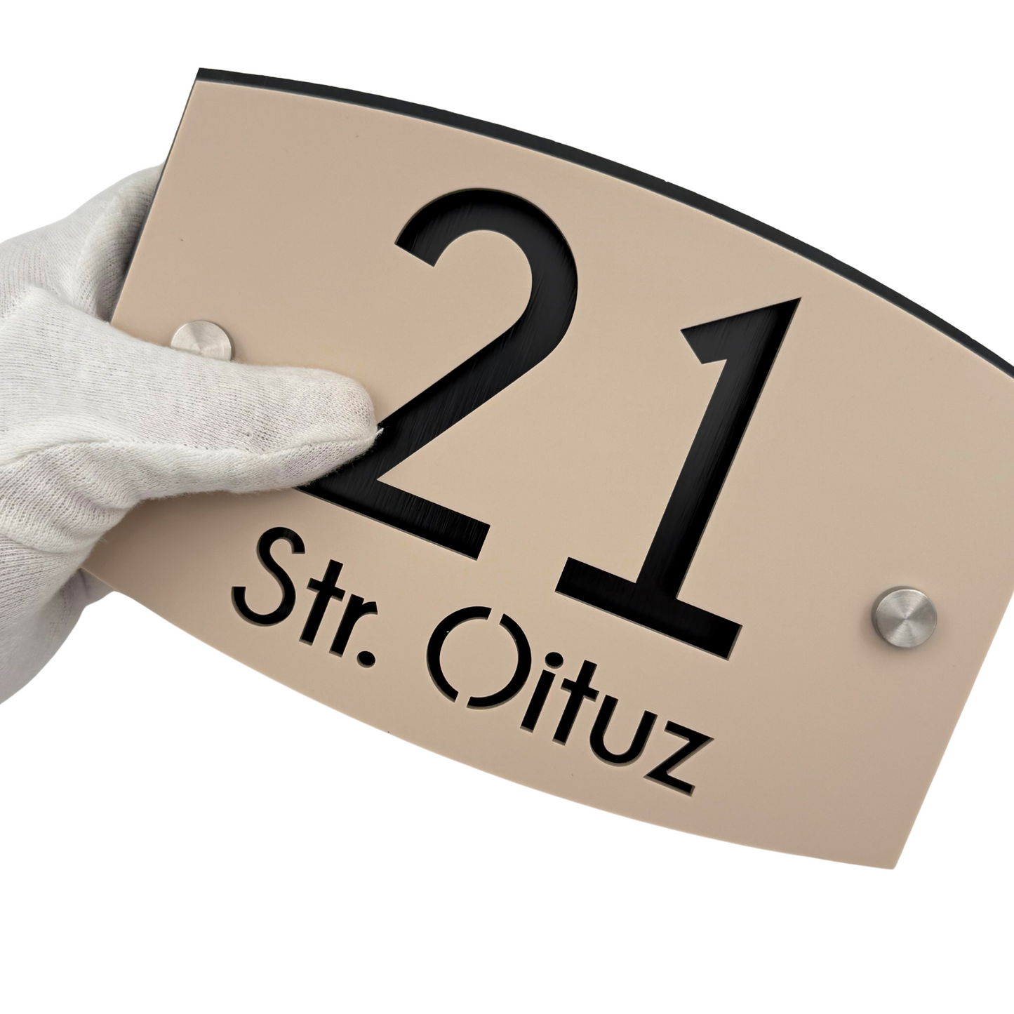 PREMIUM HOUSE NUMBER - Cream colour Satin Aluminium Black Pearly 2 Spacers Silver - 20×13 cm