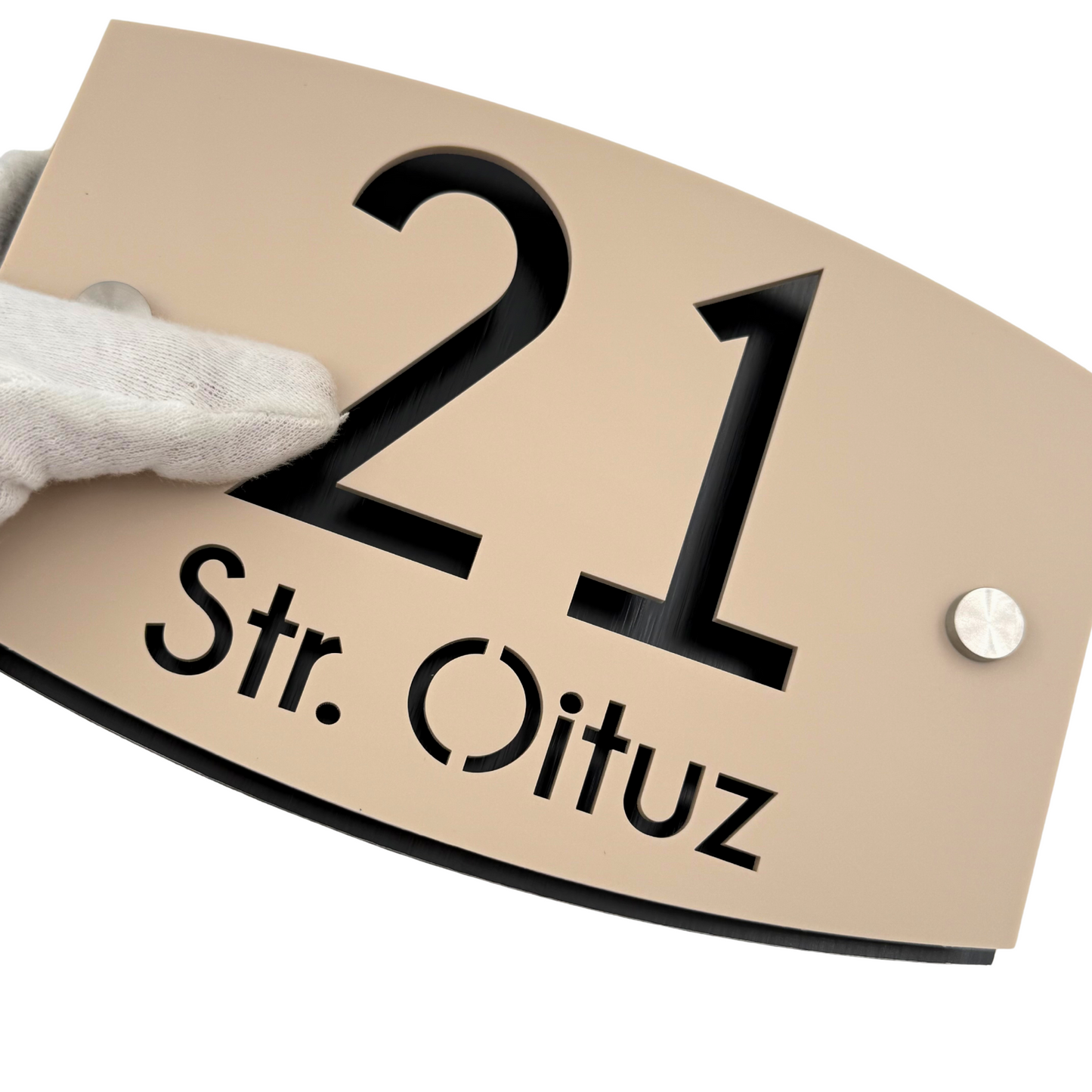 PREMIUM HOUSE NUMBER - Cream colour Satin Aluminium Black Pearly 2 Spacers Silver - 20×13 cm