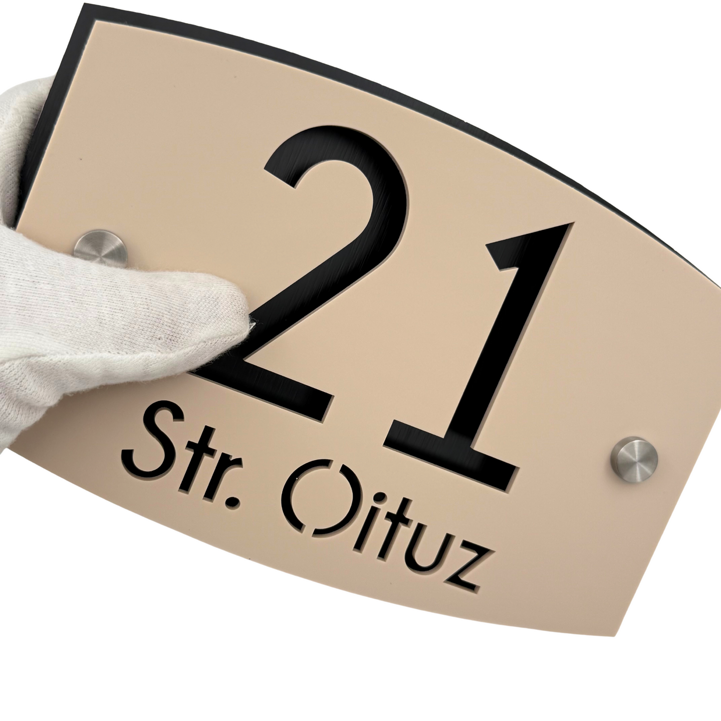 PREMIUM HOUSE NUMBER - Cream colour Satin Aluminium Black Pearly 2 Spacers Silver - 20×13 cm