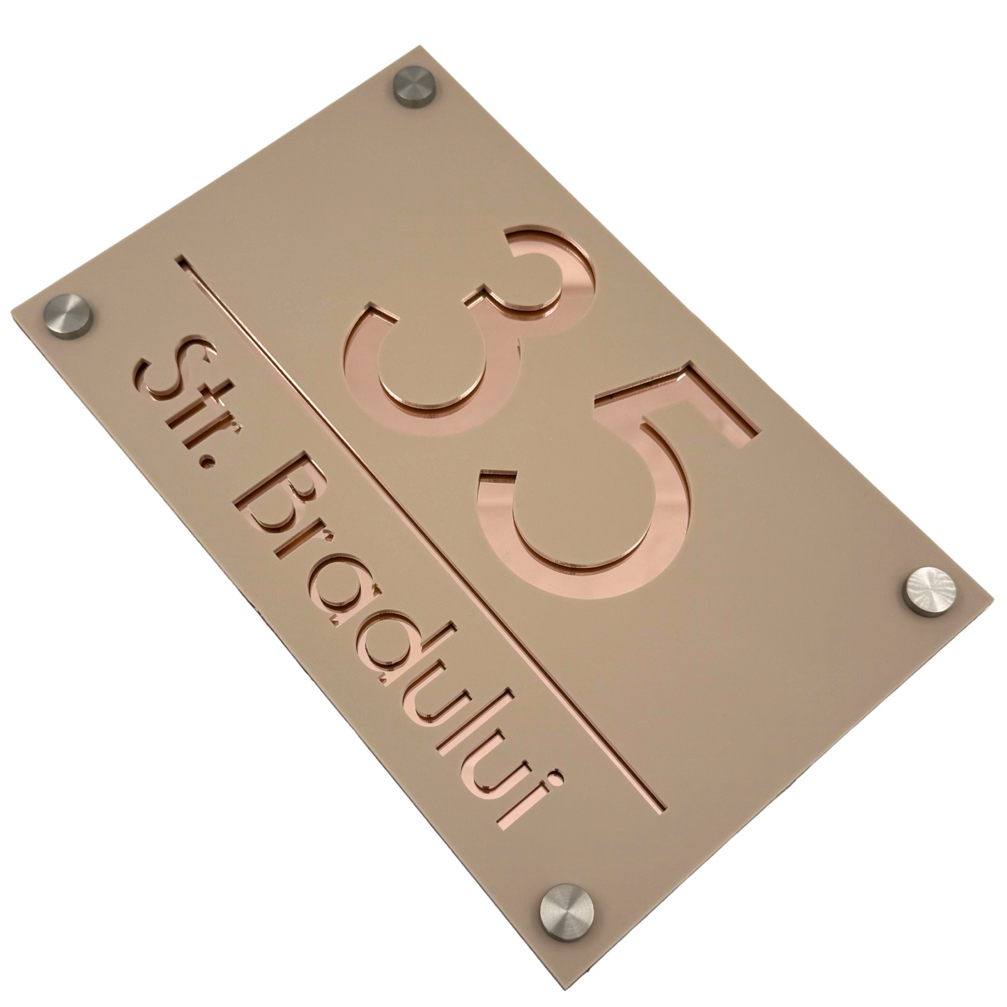 PREMIUM HOUSE NUMBER - Cream colour Satin Rose Gold Mirror 4 Spacers Silver - 24×15 cm
