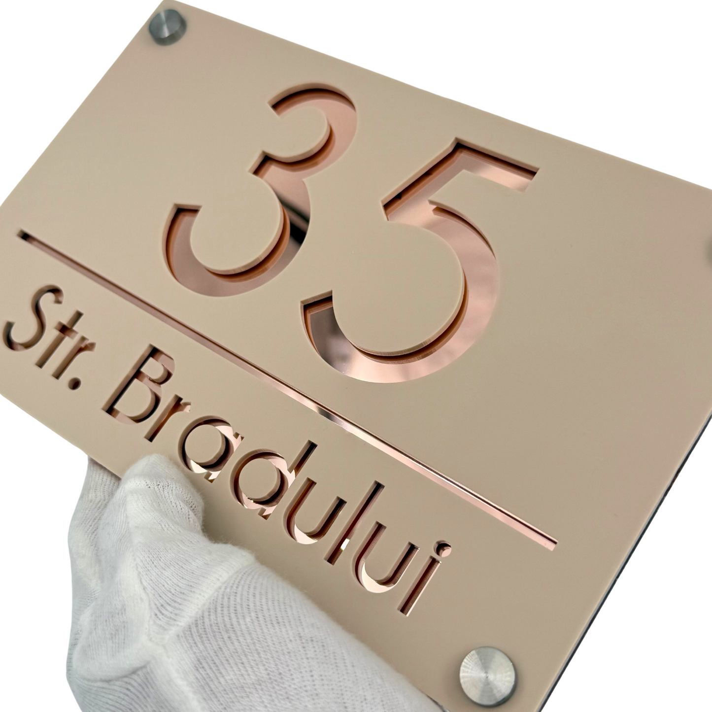 PREMIUM HOUSE NUMBER - Cream colour Satin Rose Gold Mirror 4 Spacers Silver - 24×15 cm
