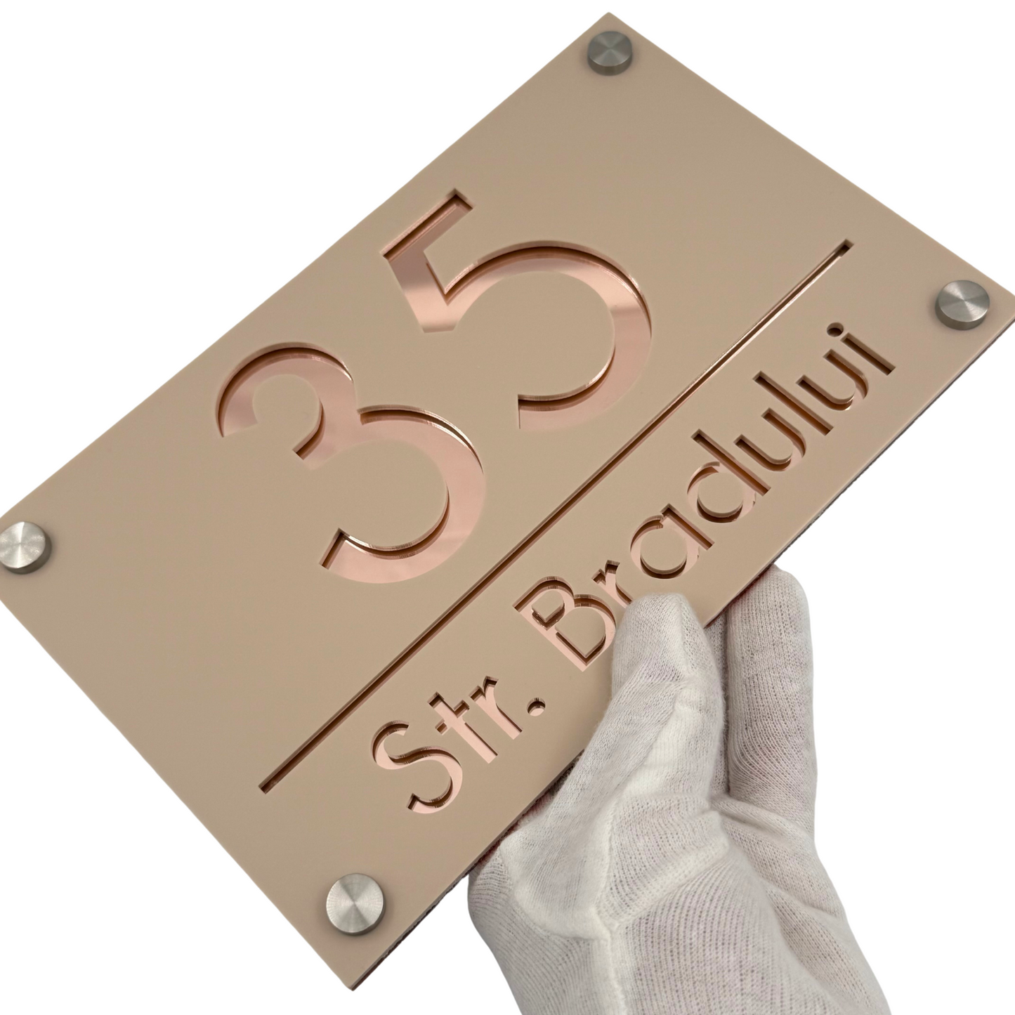 PREMIUM HOUSE NUMBER - Cream colour Satin Rose Gold Mirror 4 Spacers Silver - 24×15 cm