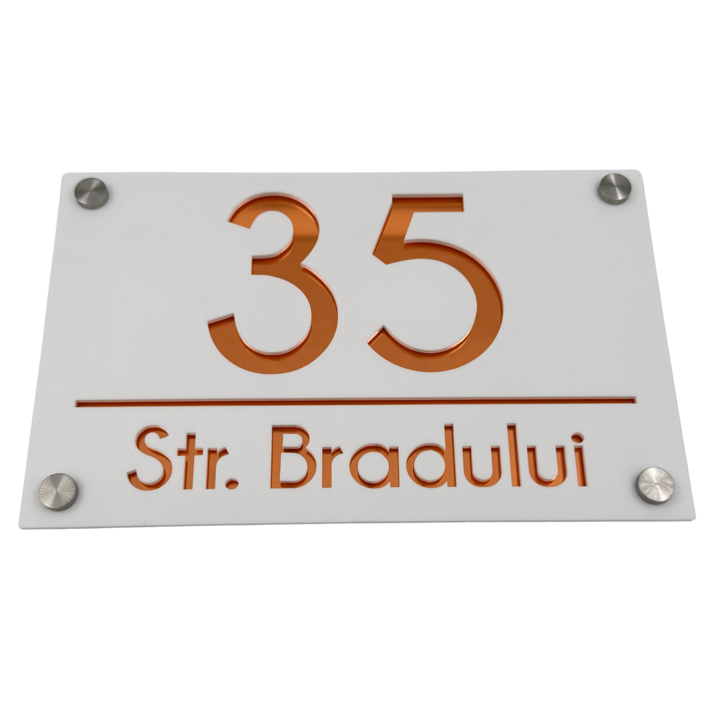 PREMIUM HOUSE NUMBER - White Satin Copper Mirror 4 Spacers Silver - 24×15 cm