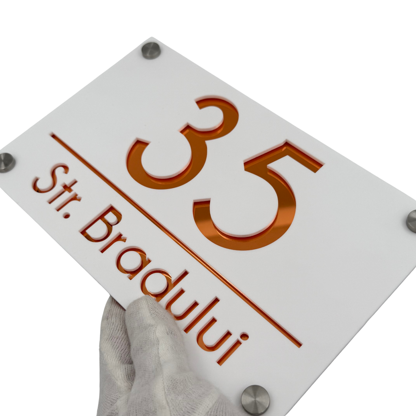 PREMIUM HOUSE NUMBER - White Satin Copper Mirror 4 Spacers Silver - 24×15 cm