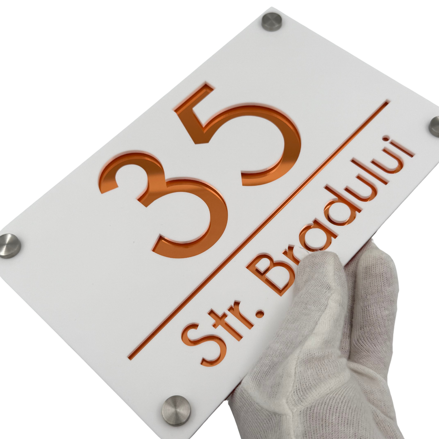 PREMIUM HOUSE NUMBER - White Satin Copper Mirror 4 Spacers Silver - 24×15 cm
