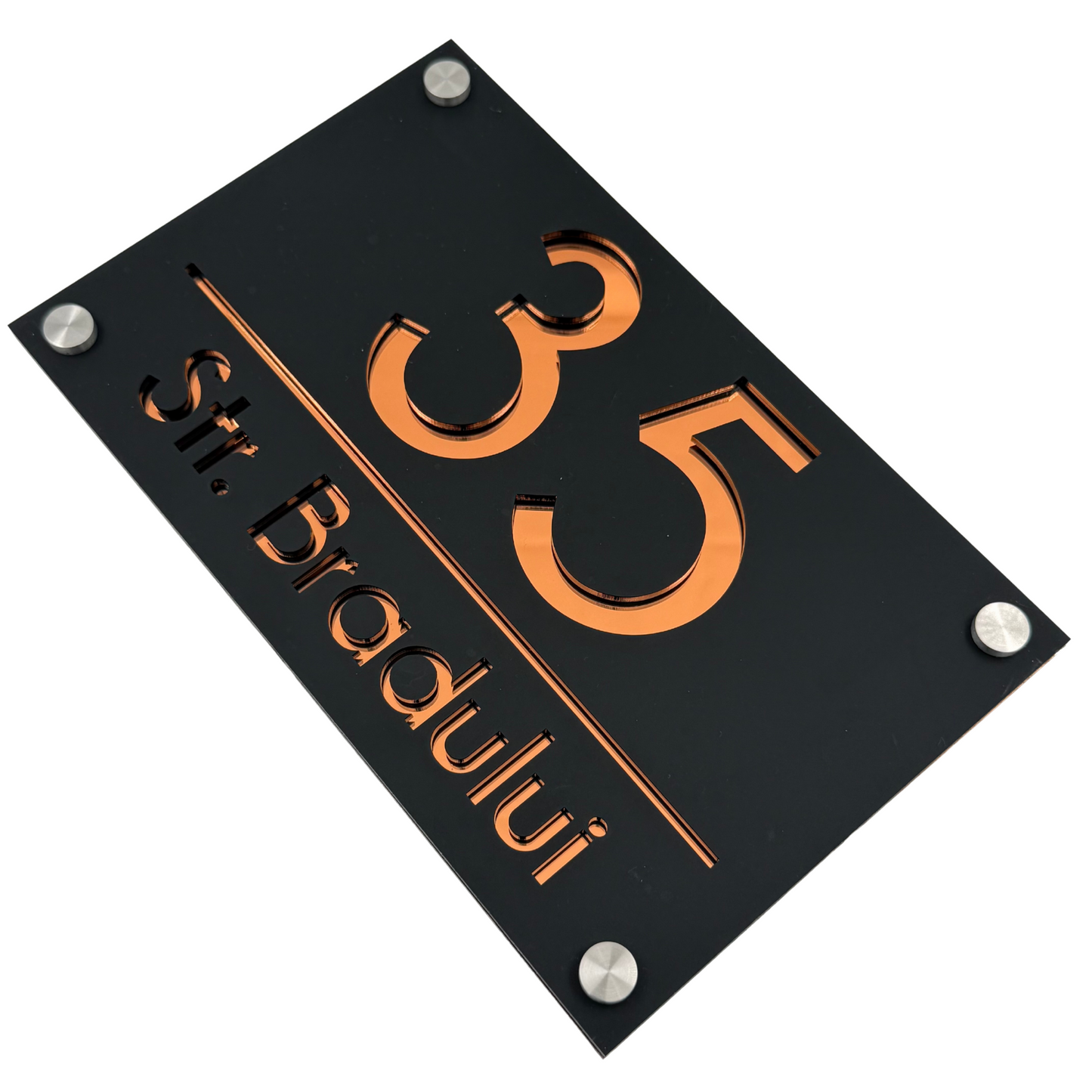 PREMIUM HOUSE NUMBER - Satin Black Copper Mirror 4 Spacers Silver - 24×15 cm