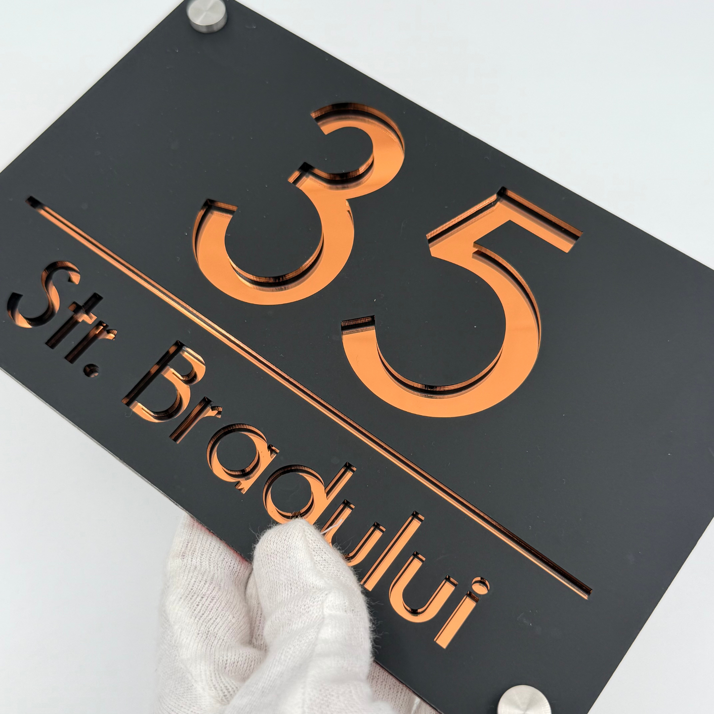 PREMIUM HOUSE NUMBER - Satin Black Copper Mirror 4 Spacers Silver - 24×15 cm
