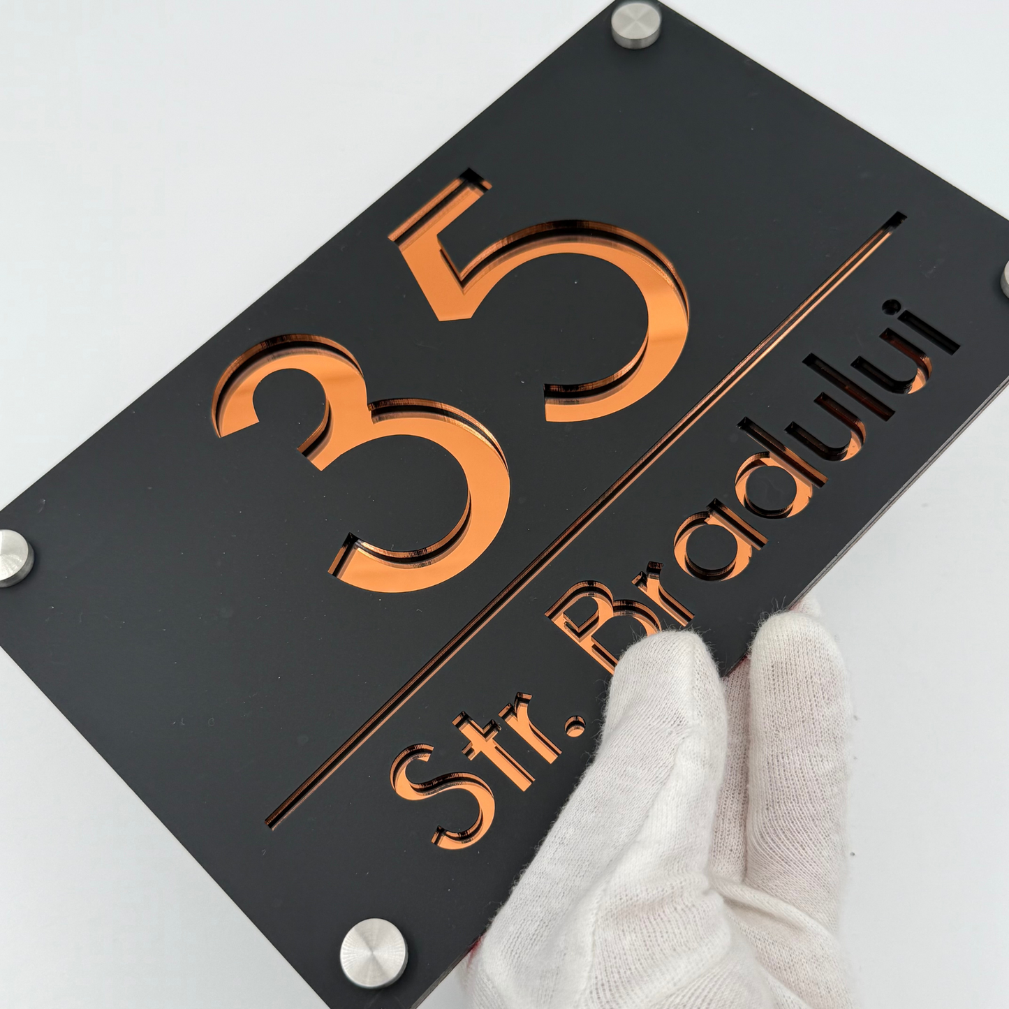 PREMIUM HOUSE NUMBER - Satin Black Copper Mirror 4 Spacers Silver - 24×15 cm