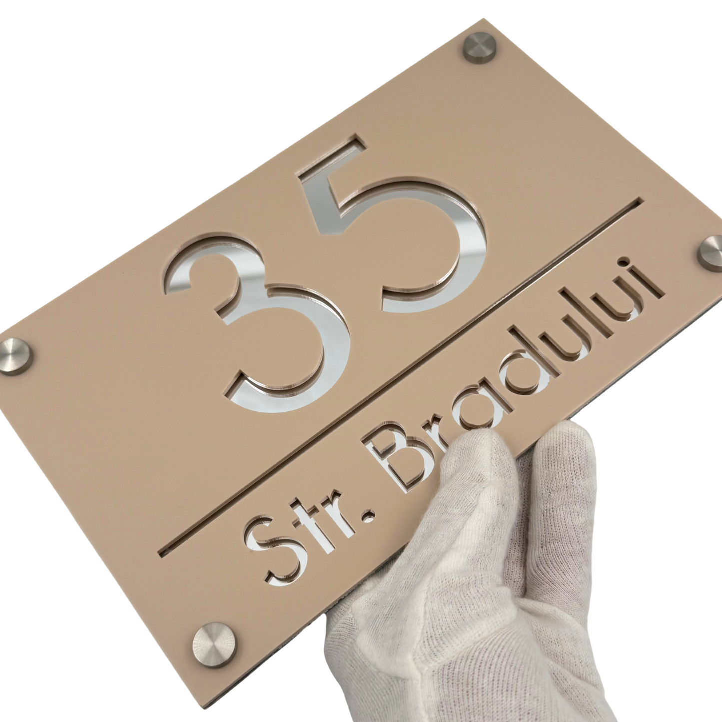 PREMIUM HOUSE NUMBER - Cream colour Satin Silver Mirror 4 Spacers Silver - 24×15 cm