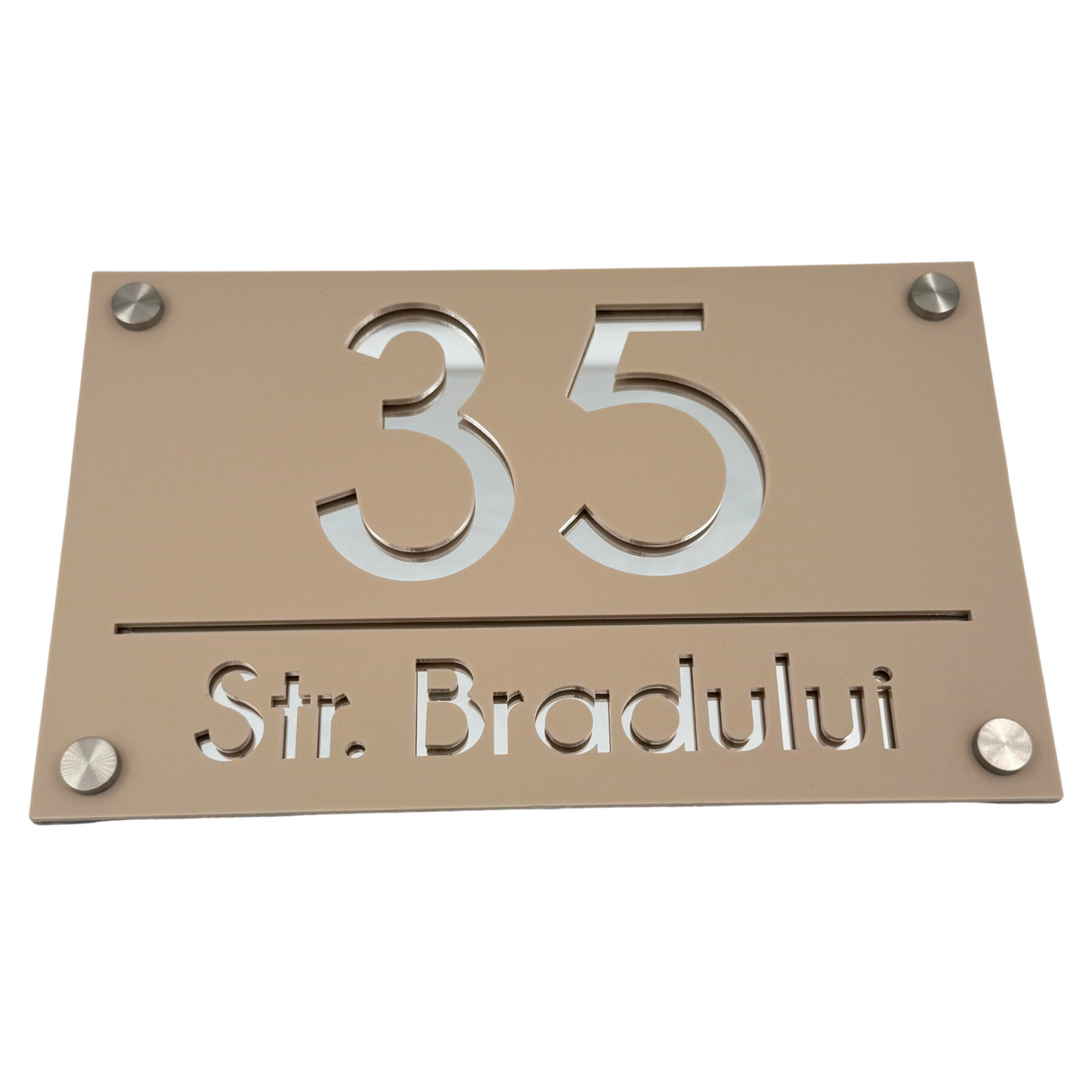 PREMIUM HOUSE NUMBER - Cream colour Satin Silver Mirror 4 Spacers Silver - 24×15 cm