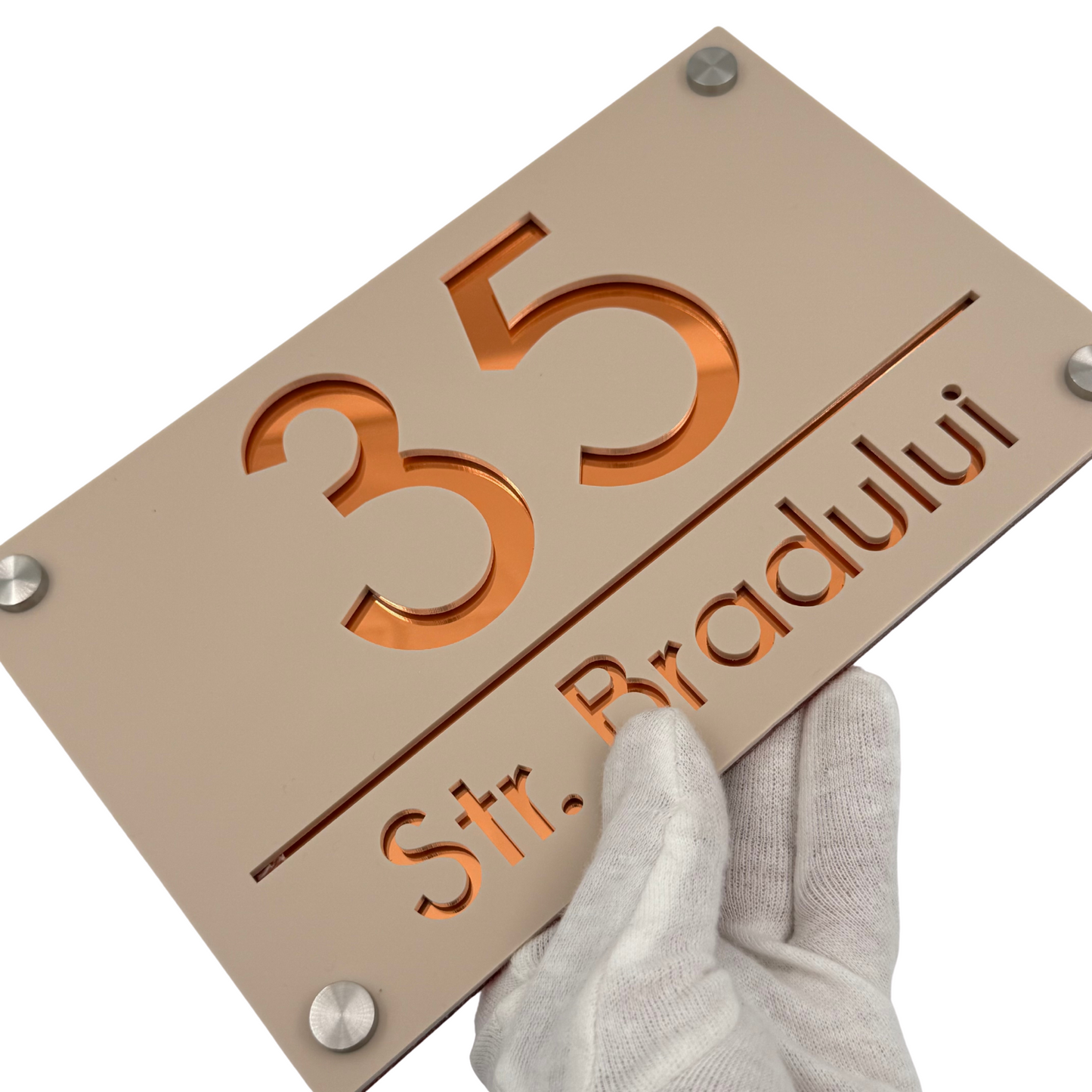PREMIUM HOUSE NUMBER - Cream colour Satin Copper Mirror 4 Spacers Silver - 24×15 cm