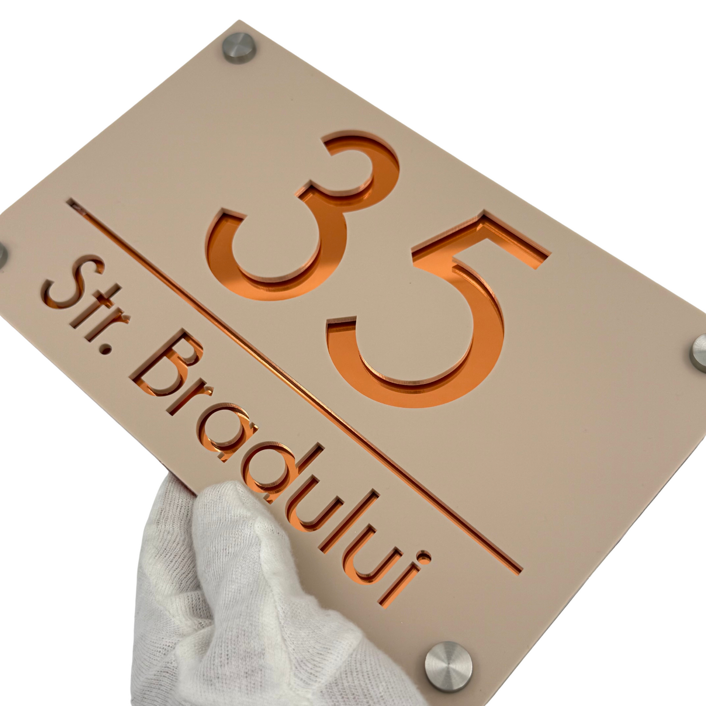 PREMIUM HOUSE NUMBER - Cream colour Satin Copper Mirror 4 Spacers Silver - 24×15 cm