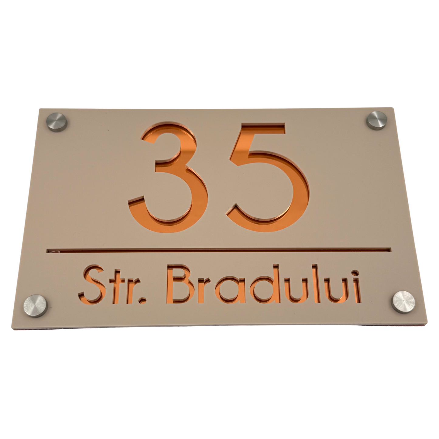PREMIUM HOUSE NUMBER - Cream colour Satin Copper Mirror 4 Spacers Silver - 24×15 cm