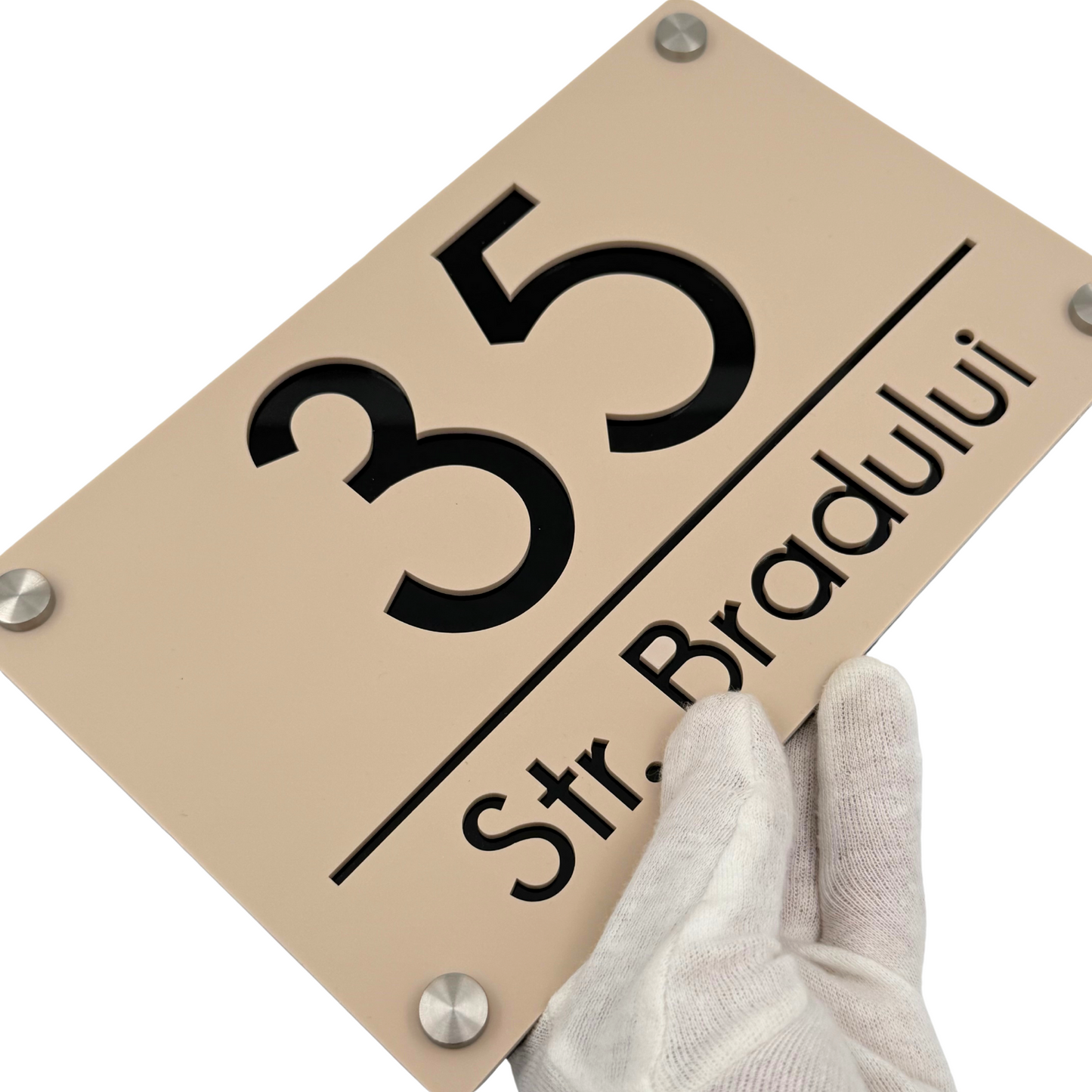 PREMIUM HOUSE NUMBER - Cream colour Satin Glossy Black 4 Spacers Silver - 24×15 cm
