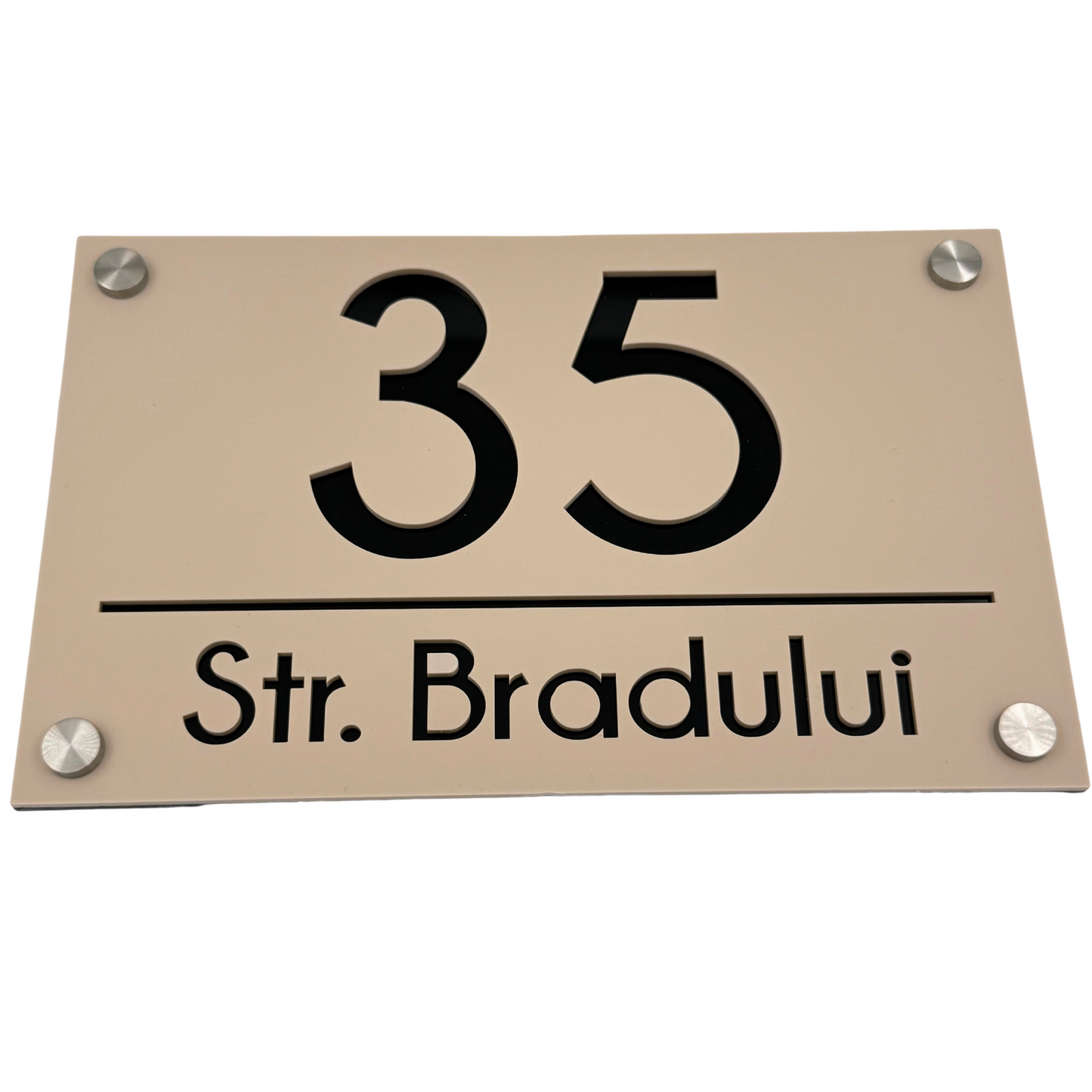 PREMIUM HOUSE NUMBER - Cream colour Satin Glossy Black 4 Spacers Silver - 24×15 cm