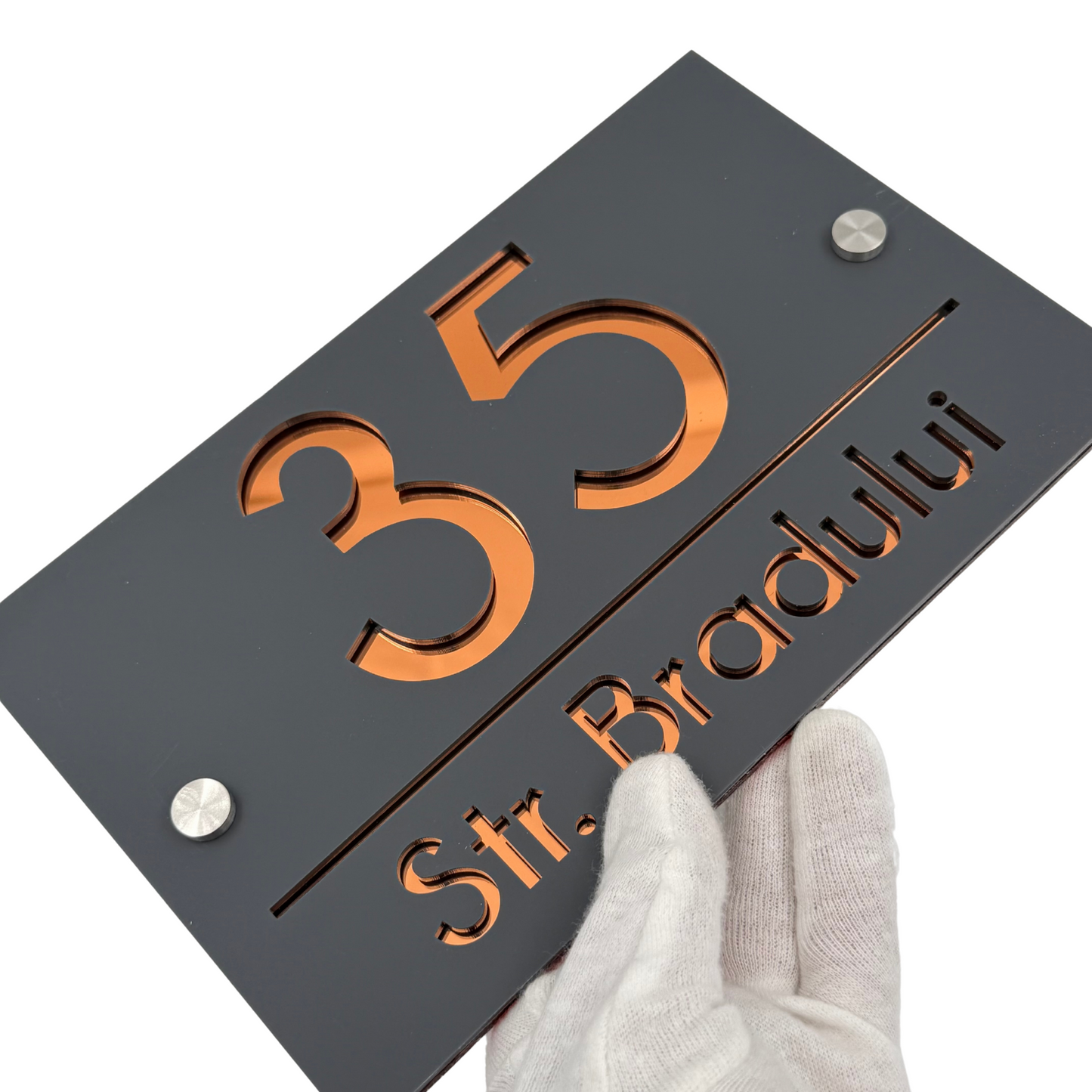 PREMIUM HOUSE NUMBER - Satin Grey Copper Mirror 2 Spacers Silver - 24×15 cm