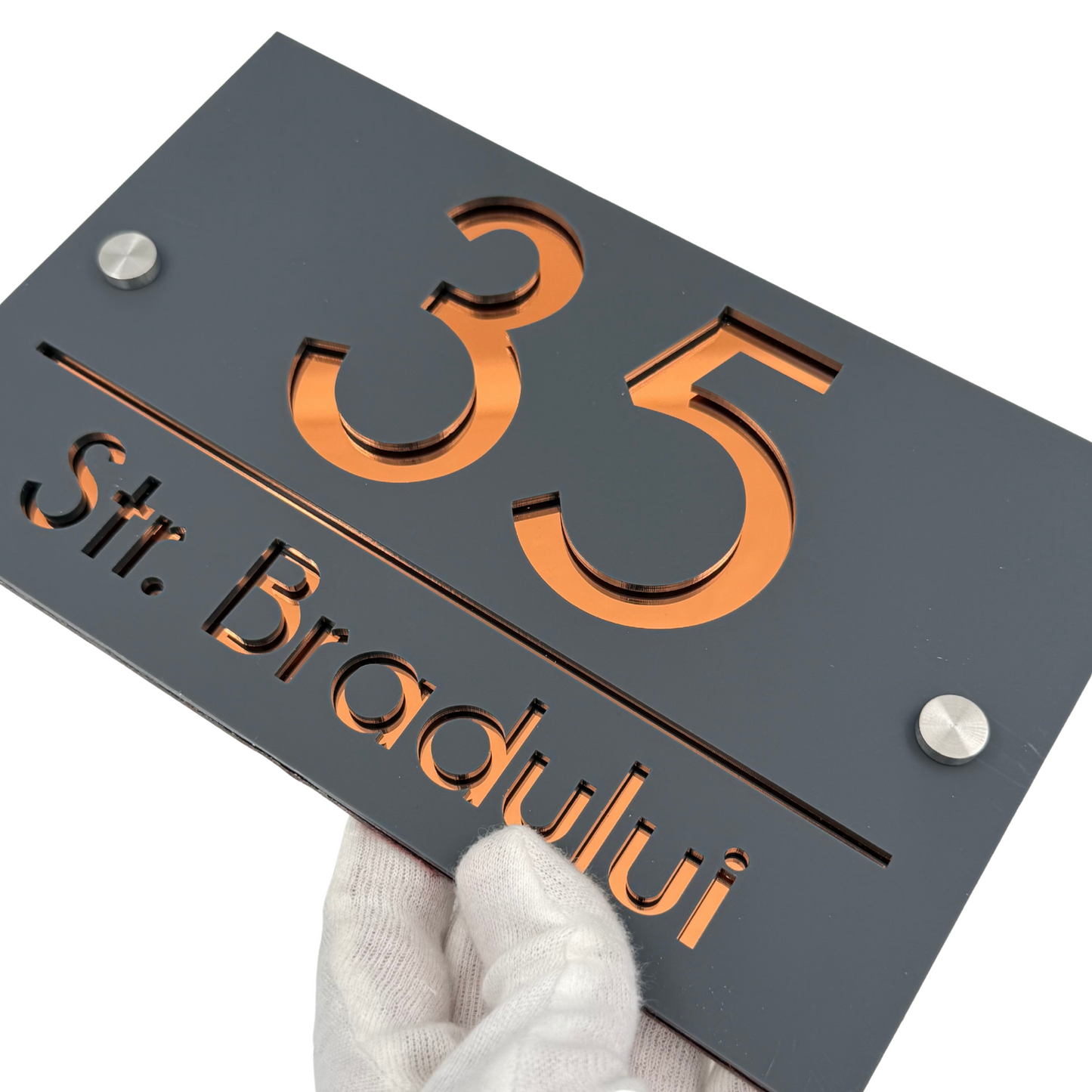 PREMIUM HOUSE NUMBER - Satin Grey Copper Mirror 2 Spacers Silver - 24×15 cm