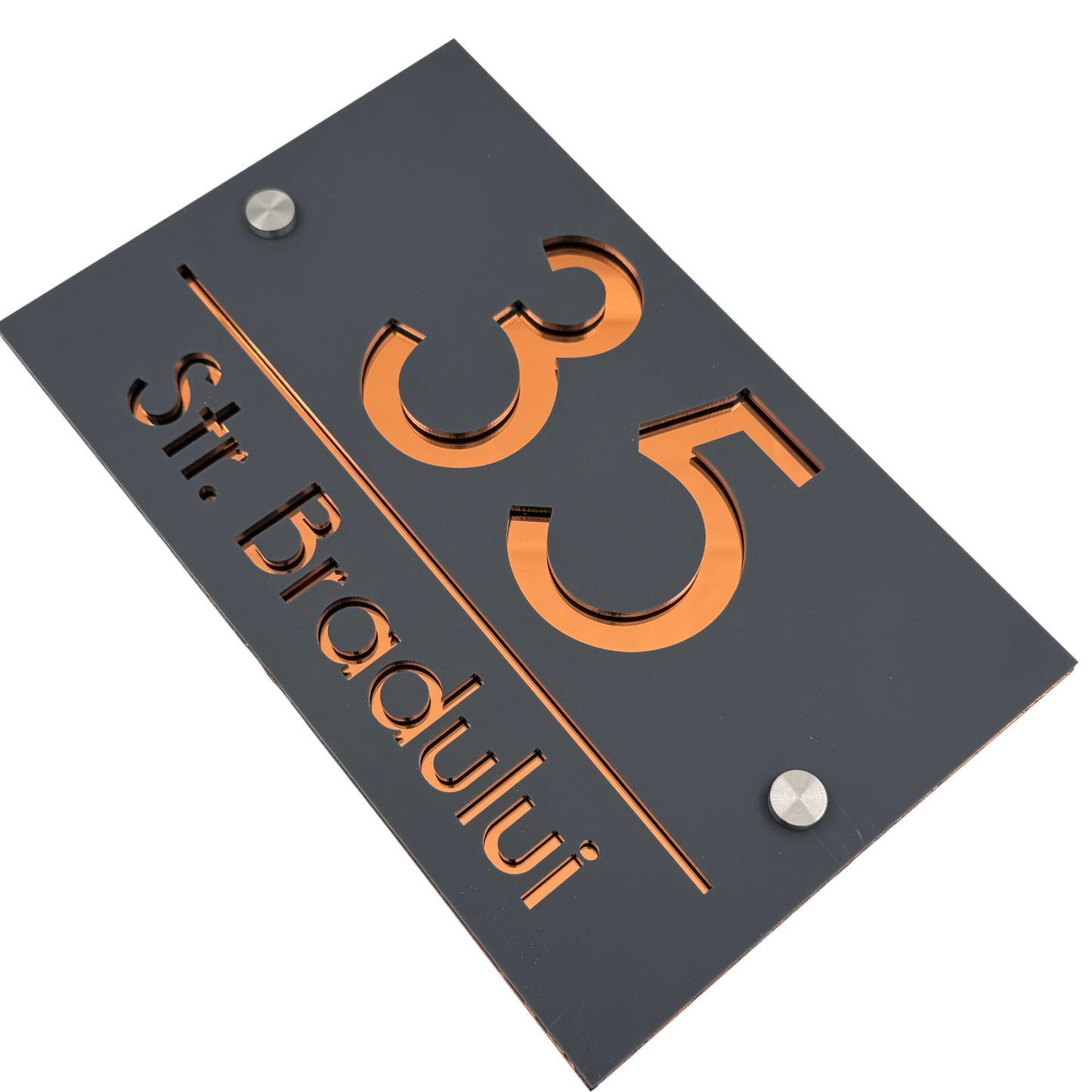 PREMIUM HOUSE NUMBER - Satin Grey Copper Mirror 2 Spacers Silver - 24×15 cm
