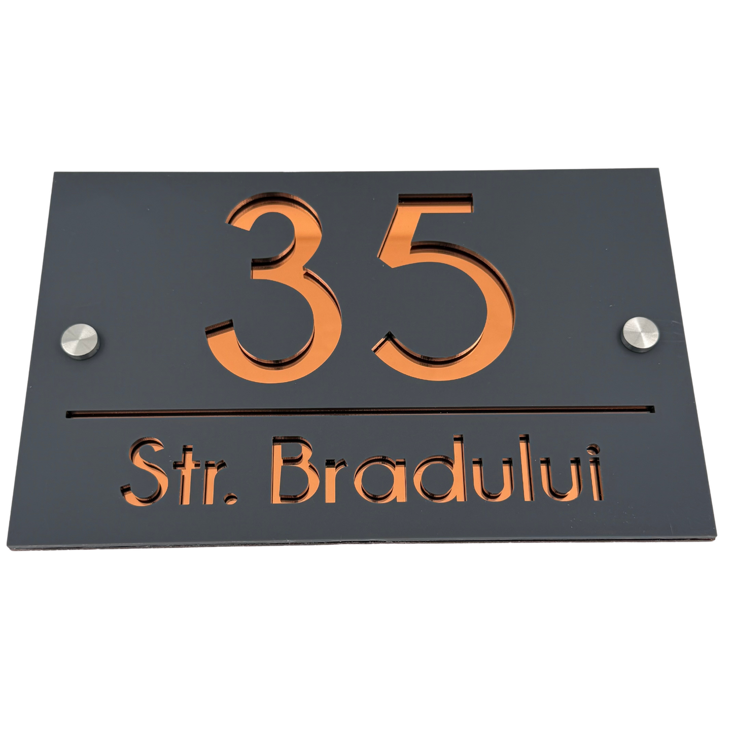 PREMIUM HOUSE NUMBER - Satin Grey Copper Mirror 2 Spacers Silver - 24×15 cm