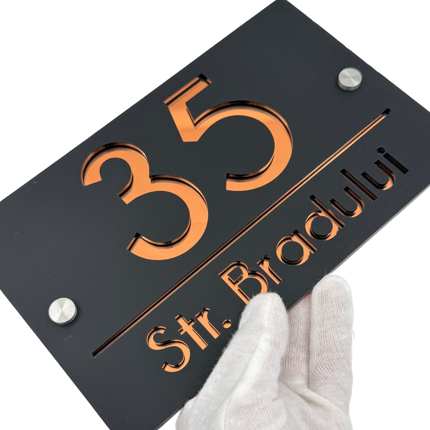 PREMIUM HOUSE NUMBER - Satin Black Copper Mirror 2 Spacers Silver - 24×15 cm