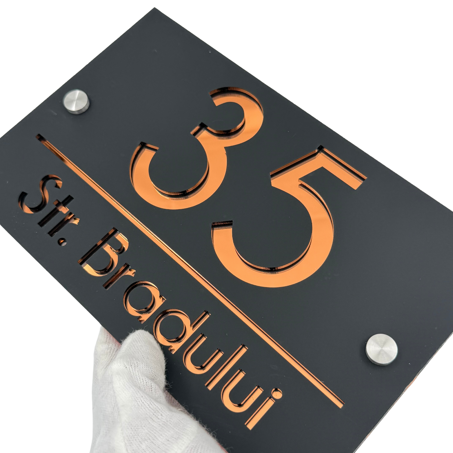 PREMIUM HOUSE NUMBER - Satin Black Copper Mirror 2 Spacers Silver - 24×15 cm